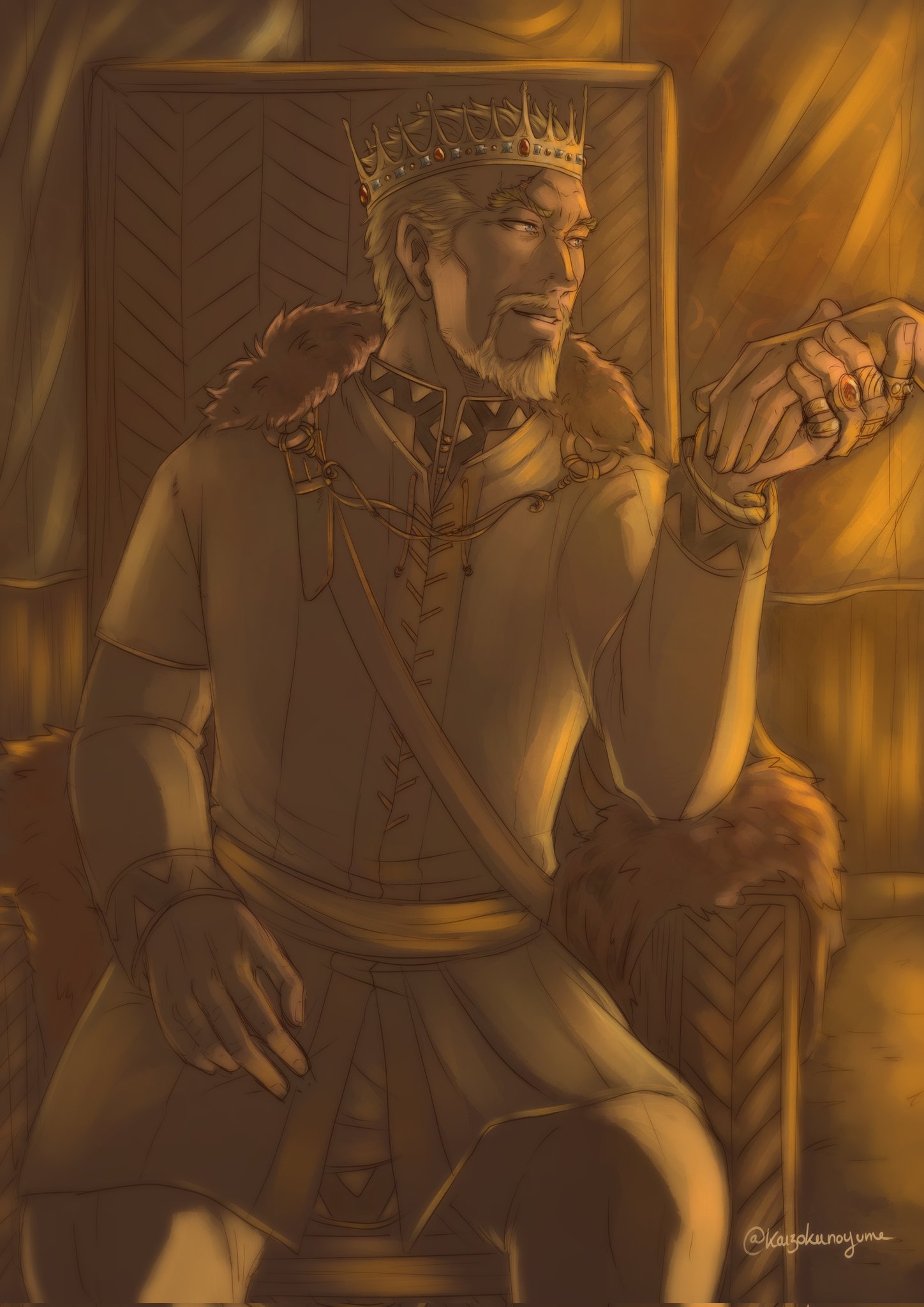 kaizokunoyume, askeladd, vinland saga, commentary, english commentary, highres, 1boy, beard, blonde hair, blue eyes, cheekbones, connected beard, crown, facial hair, holding hands, jewelry, king, looking to the side, male focus, mature male, monochrome, multiple rings, ring, short hair, sitting, sitting on throne, solo