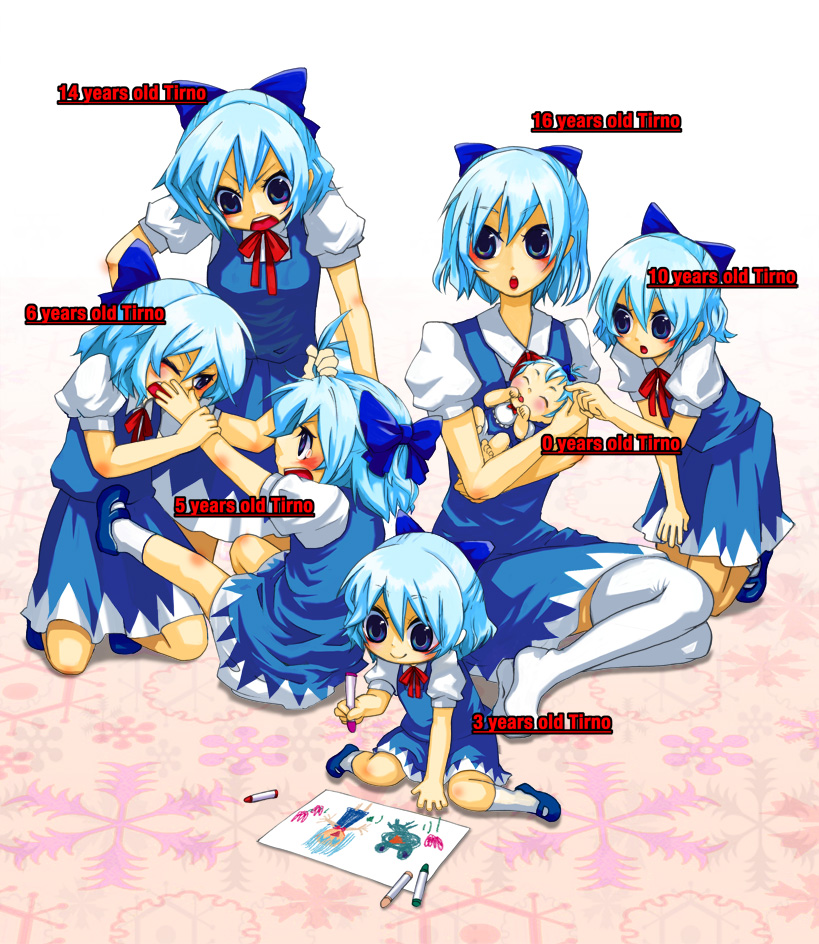 nanohito, tmc, cirno, touhou, 6+girls, age comparison, aged down, aged up, baby, child, child's drawing, english text, engrish text, female focus, multiple girls, multiple persona, ranguage, time paradox