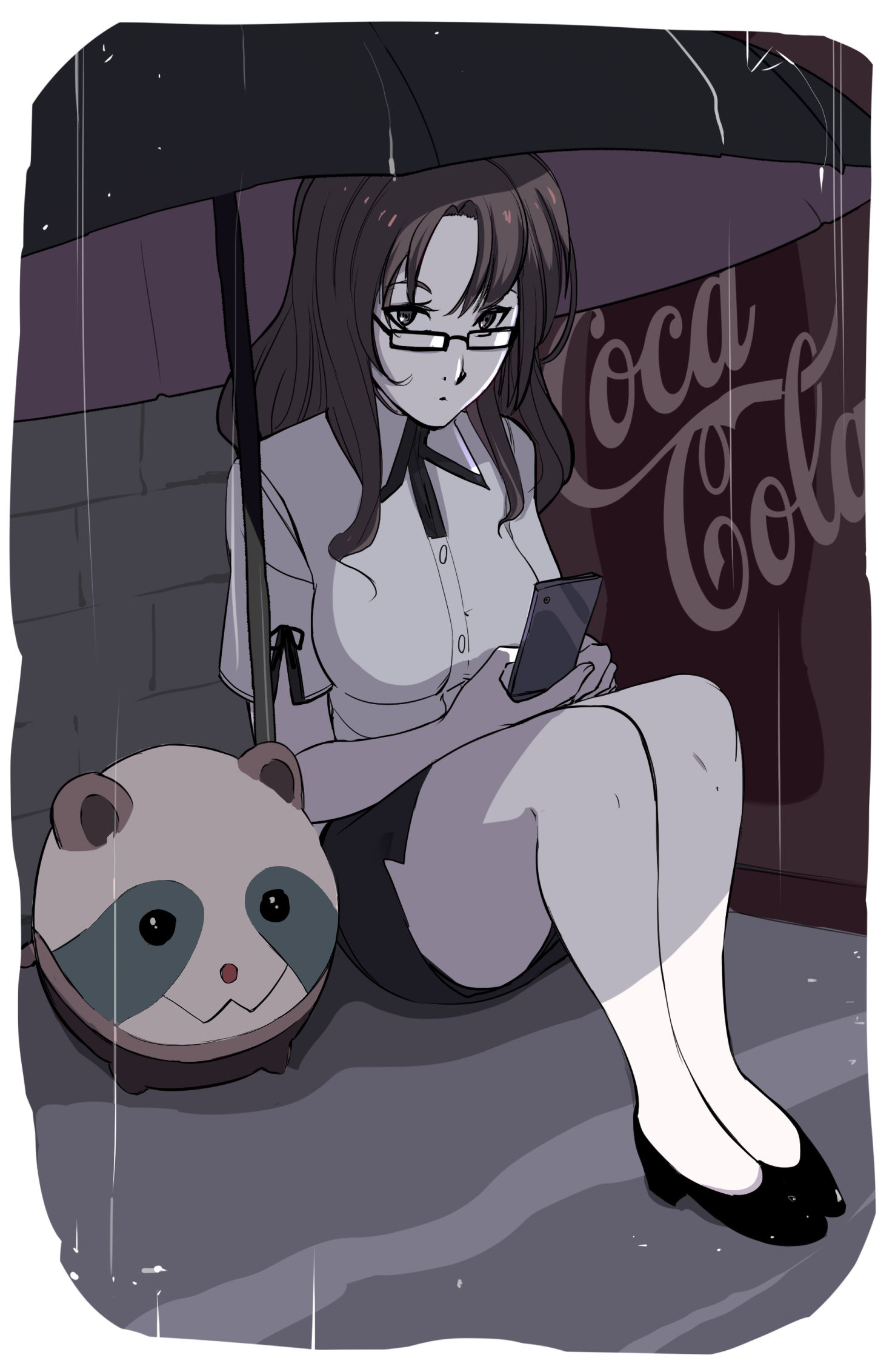 arcsinus, kiryuu moeka, upa (steins;gate), coca-cola, science adventure, steins;gate, highres, 1girl, breasts, collared shirt, full body, glasses, high heels, holding, holding phone, holding umbrella, large breasts, long hair, open mouth, pencil skirt, phone, rain, shirt, shoes, sitting, skirt, solo, stuffed toy, thick thighs, thighs, umbrella, vending machine