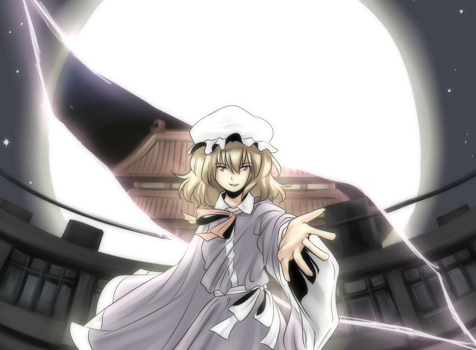 urin, maribel hearn, ghostly field club, touhou, bad id, bad pixiv id, 1girl, architecture, blonde hair, dress, east asian architecture, female focus, full moon, gap (touhou), hat, mob cap, moon, outdoors, sky, solo