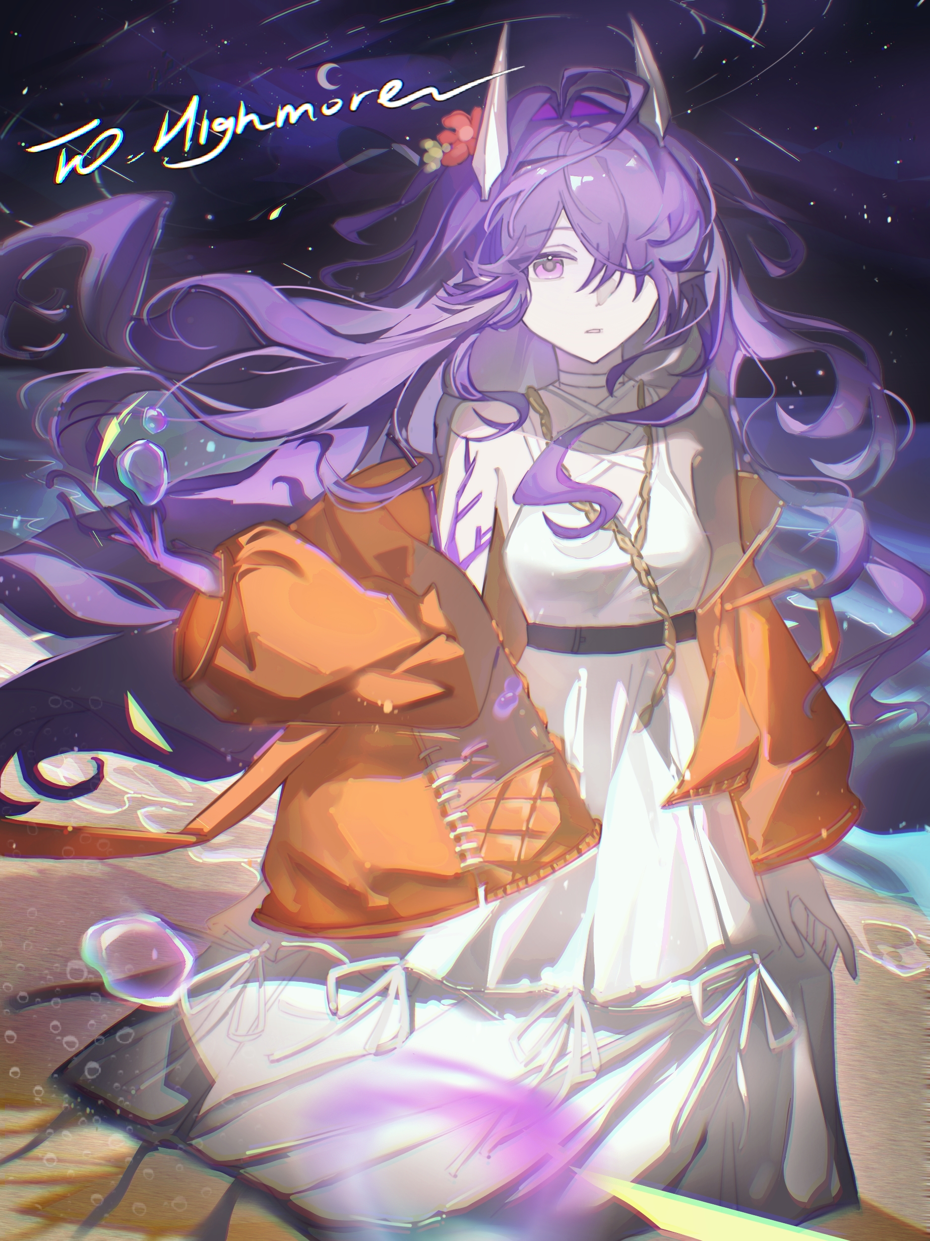highmore (arknights), highmore (stranded) (arknights), arknights, absurdres, chinese commentary, commentary request, highres, 1girl, bare shoulders, belt, black belt, blurry, character name, chromatic aberration, dress, floating hair, hair over one eye, horns, jacket, jiu yi wu, long hair, long sleeves, looking at viewer, off shoulder, official alternate costume, one eye covered, orange jacket, parted lips, pointy ears, puffy long sleeves, puffy sleeves, purple eyes, purple hair, solo, water, water drop, white dress, white horns