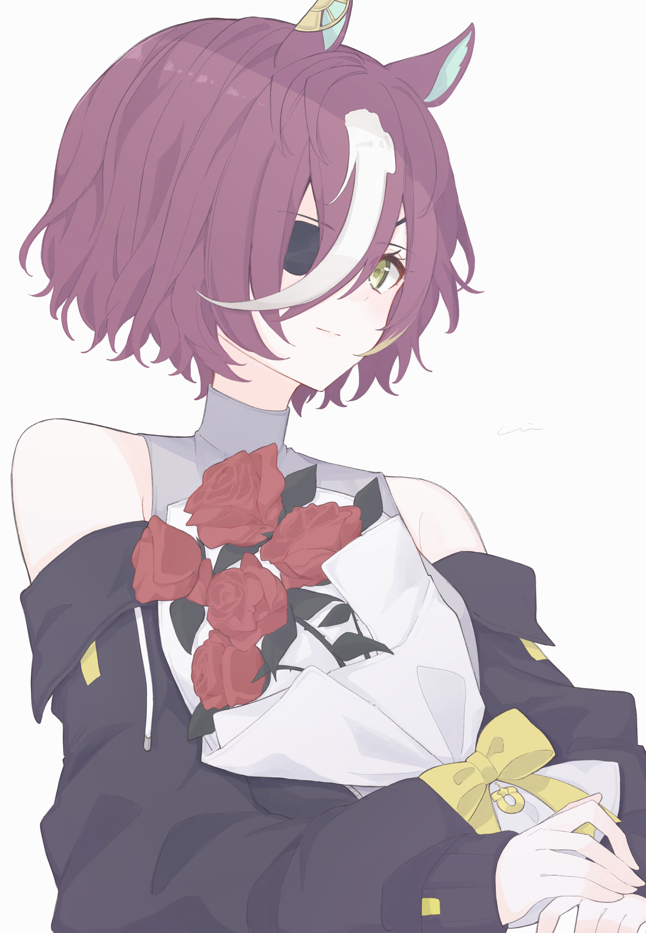 zzzii0, tanino gimlet (umamusume), umamusume, absurdres, highres, 1girl, animal ears, bare shoulders, black jacket, bouquet, brown hair, eyepatch, flower, grey shirt, holding, holding bouquet, horse ears, horse girl, jacket, light smile, multicolored hair, red flower, red rose, rose, shirt, short hair, simple background, sleeveless, sleeveless shirt, solo, streaked hair, turtleneck, turtleneck shirt, upper body, white background