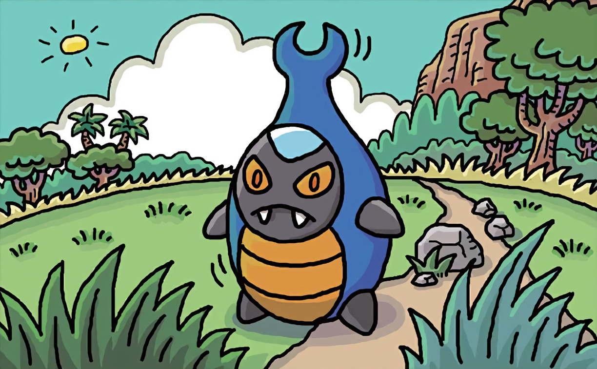ooyama kouichi, karrablast, nintendo, pokemon, pokemon tcg, commentary, official art, third-party source, blue sky, closed mouth, cloud, colored sclera, day, fangs, full body, gen 5 pokemon, grass, no humans, orange eyes, outdoors, pokemon (creature), pokemon focus, rock, sky, solo, sun, tree, yellow sclera