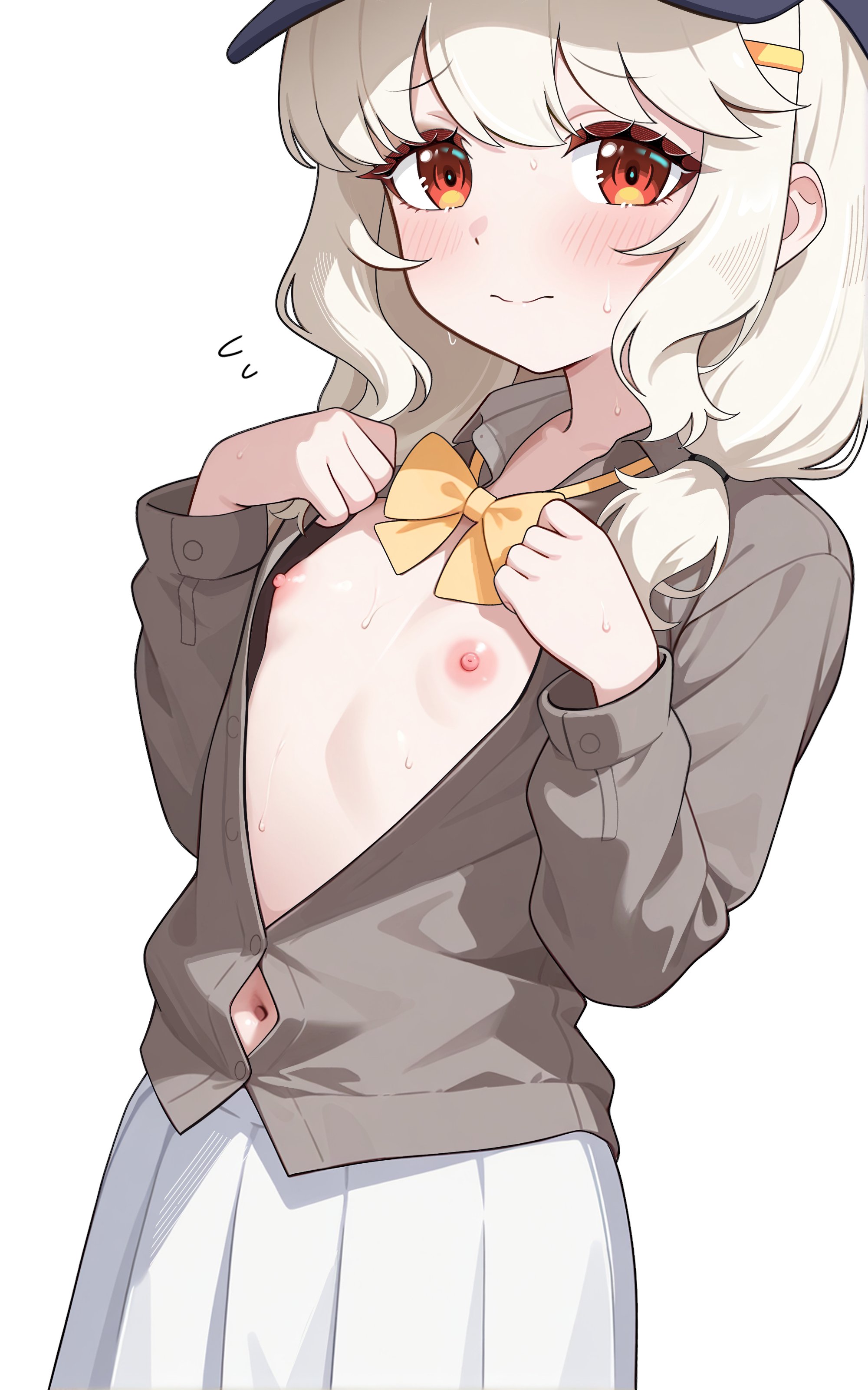 aviary, aoba (blue archive), blue archive, absurdres, highres, 1girl, blush, bow, bowtie, flat chest, hat, looking at viewer, navel, nipples, red eyes, shirt, simple background, skirt, solo, white background, white skirt, yellow bow, yellow bowtie