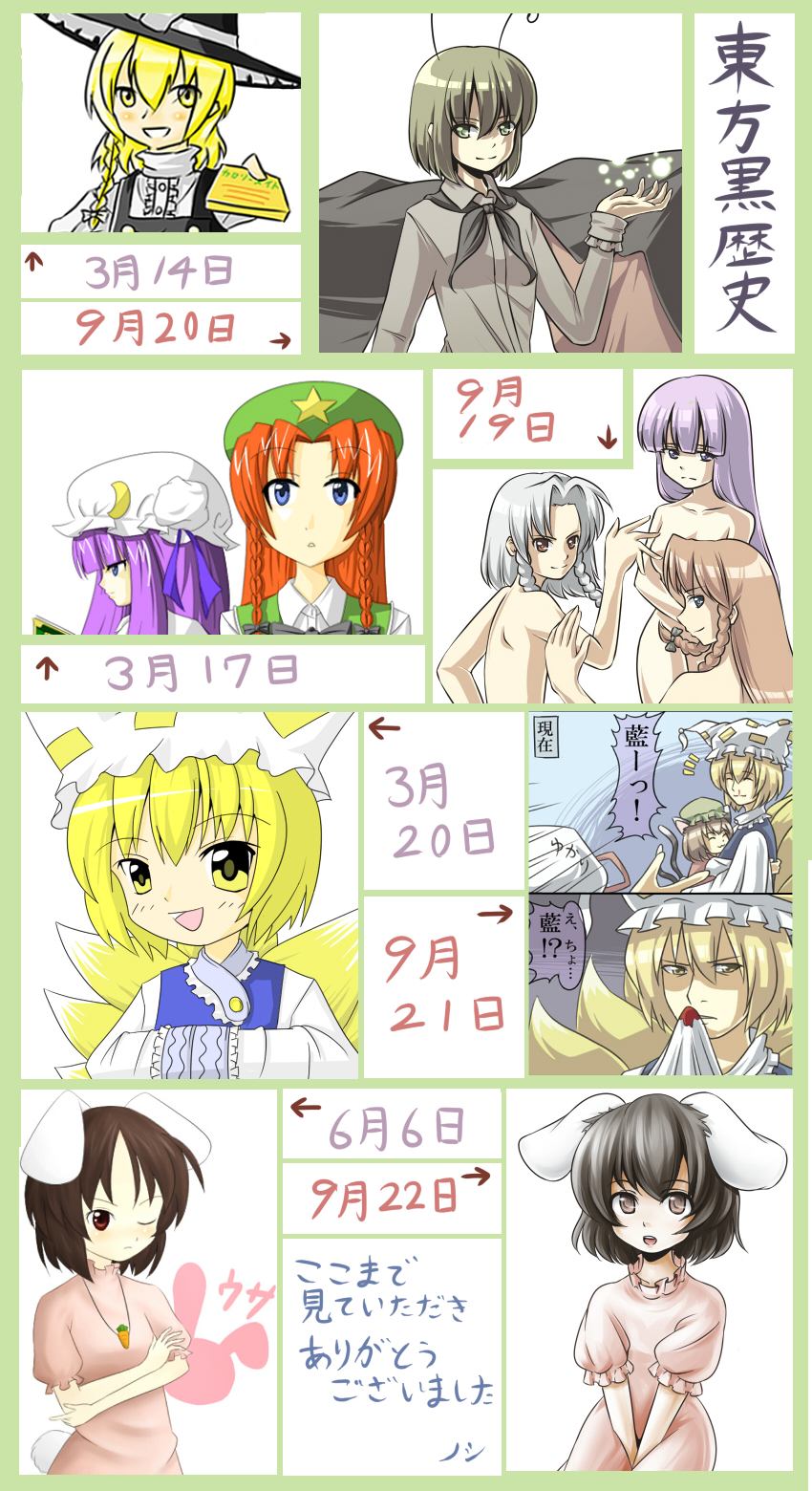 urin, hong meiling, inaba tewi, izayoi sakuya, kirisame marisa, patchouli knowledge, wriggle nightbug, yakumo ran, touhou, silver hair, bad id, highres, 6+girls, animal ears, antennae, blonde hair, blood, blue eyes, blush stickers, bow, braid, brown eyes, brown hair, cape, carrot, carrot necklace, cat ears, cat girl, cat tail, comparison, crescent, female focus, fox tail, frills, green eyes, green hair, hat, hat bow, hat ribbon, jewelry, long sleeves, multiple girls, multiple tails, necklace, orange hair, pendant, purple hair, rabbit ears, ribbon, simple background, star (symbol), tail, yellow eyes