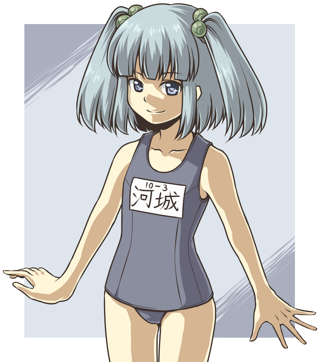 urin, kawashiro nitori, touhou, bad id, bad pixiv id, highres, 1girl, blue eyes, blue hair, female focus, hair bobbles, hair ornament, matching hair/eyes, one-piece swimsuit, school swimsuit, solo, swimsuit, two side up