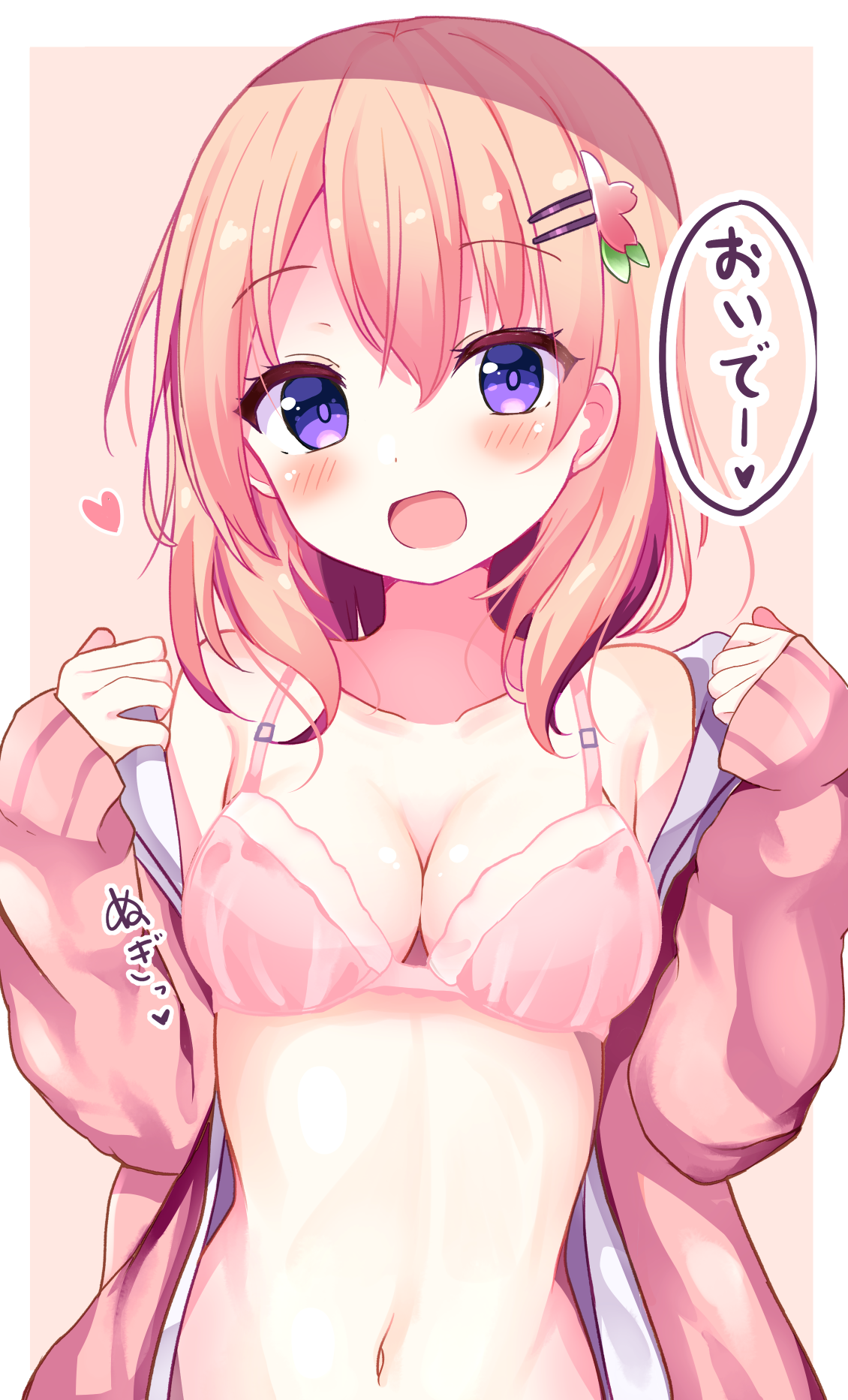 qutori, hoto cocoa, gochuumon wa usagi desu ka?, highres, translation request, 1girl, blush, bra, breasts, brown hair, cleavage, collarbone, come hither, hair between eyes, hair ornament, hairclip, heart, looking at viewer, medium breasts, navel, open mouth, purple eyes, school uniform, solo, underwear, undressing