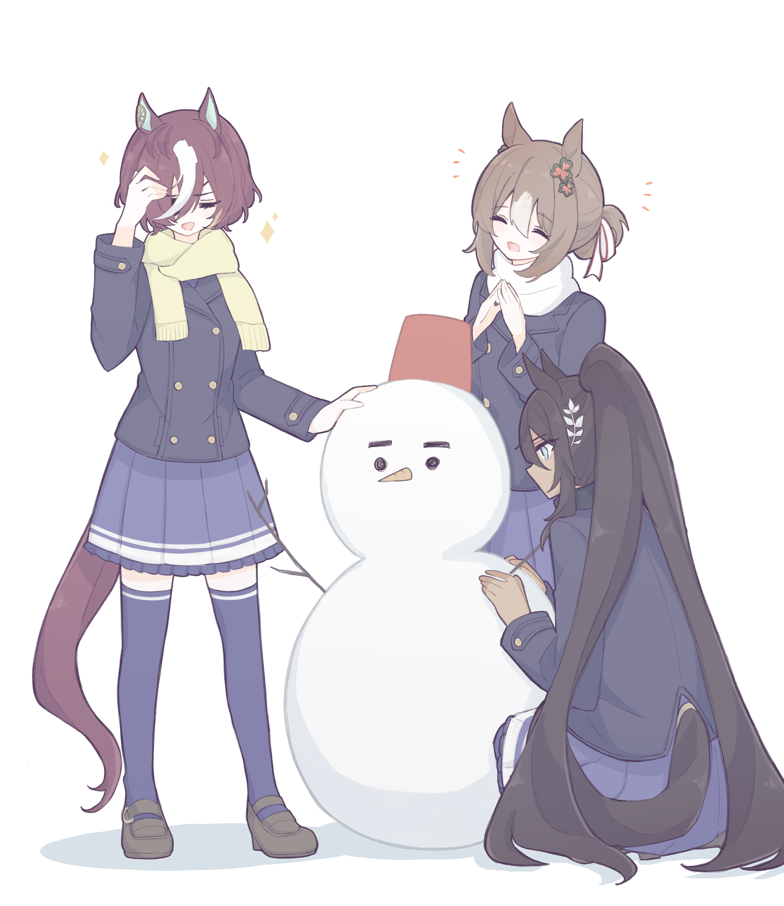 zzzii0, fine motion (umamusume), symboli kris s (umamusume), tanino gimlet (umamusume), umamusume, absurdres, highres, 3girls, :d, ^ ^, animal ears, black jacket, blue eyes, brown hair, closed eyes, dark-skinned female, dark skin, eyepatch, hair bun, hair ornament, horse ears, horse girl, horse tail, jacket, long hair, multicolored hair, multiple girls, open mouth, ponytail, scarf, school uniform, sidelocks, simple background, smile, snowman, sparkle, steepled fingers, streaked hair, tail, tracen school uniform, very long hair, white background, white scarf, yellow scarf