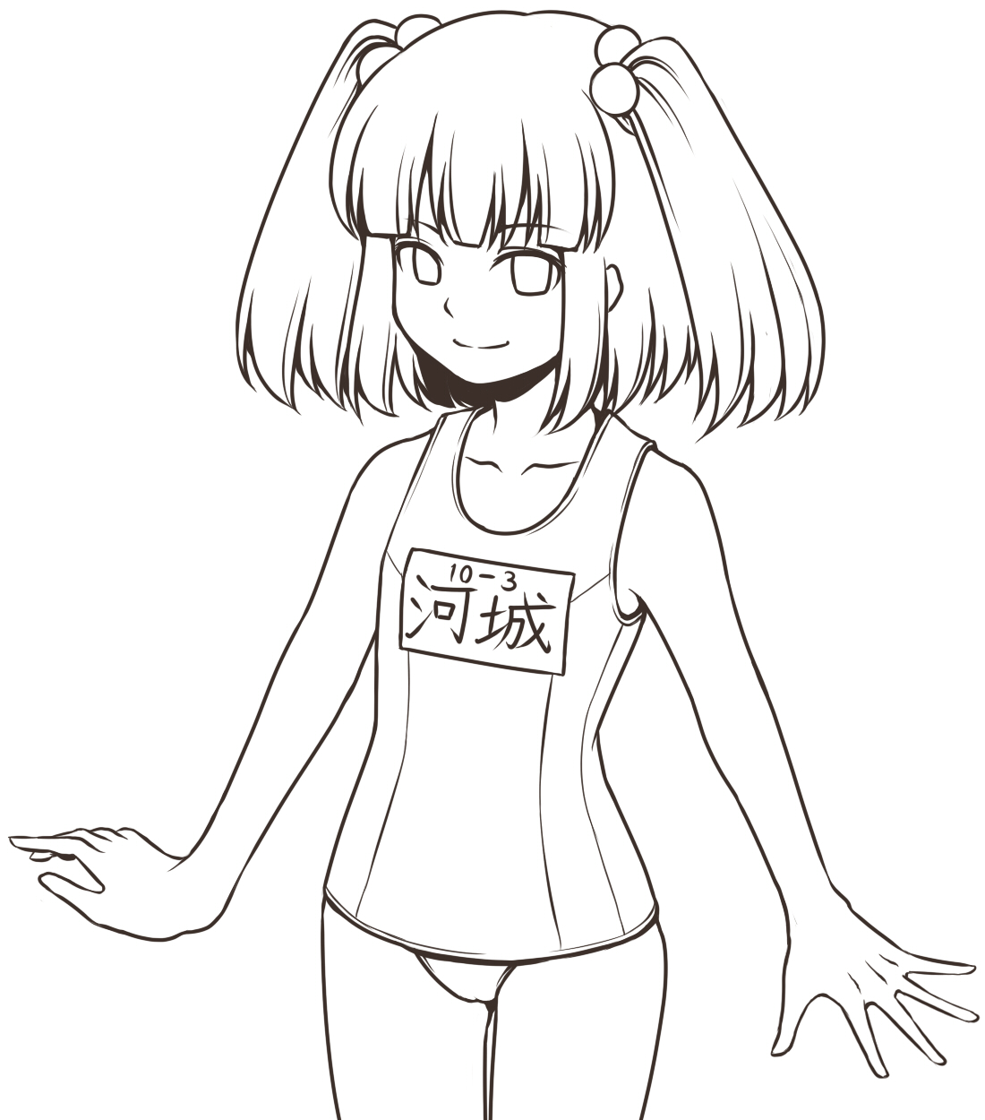 urin, kawashiro nitori, touhou, bad id, bad pixiv id, highres, 1girl, female focus, greyscale, hair bobbles, hair ornament, lineart, monochrome, one-piece swimsuit, school swimsuit, solo, swimsuit, two side up