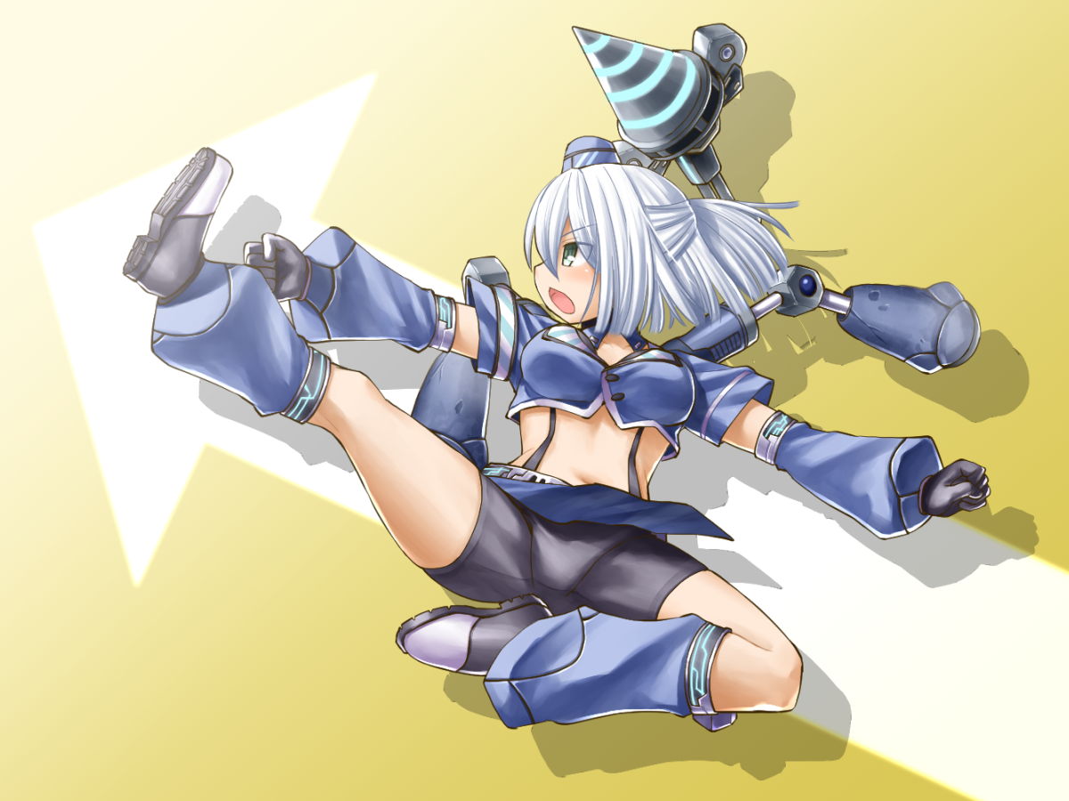 kasuga yukihito, foxtrot b3 alma, emil chronicle online, 1girl, android, arrow (symbol), arrow background, bike shorts, blue hat, blue jacket, blue skirt, breasts, cropped jacket, drill, flying kick, from side, hat, jacket, kicking, large breasts, mechanical arms, mechanical legs, navel, open mouth, outstretched arms, ponytail, profile, skirt, solo, spread arms, white hair, yellow background