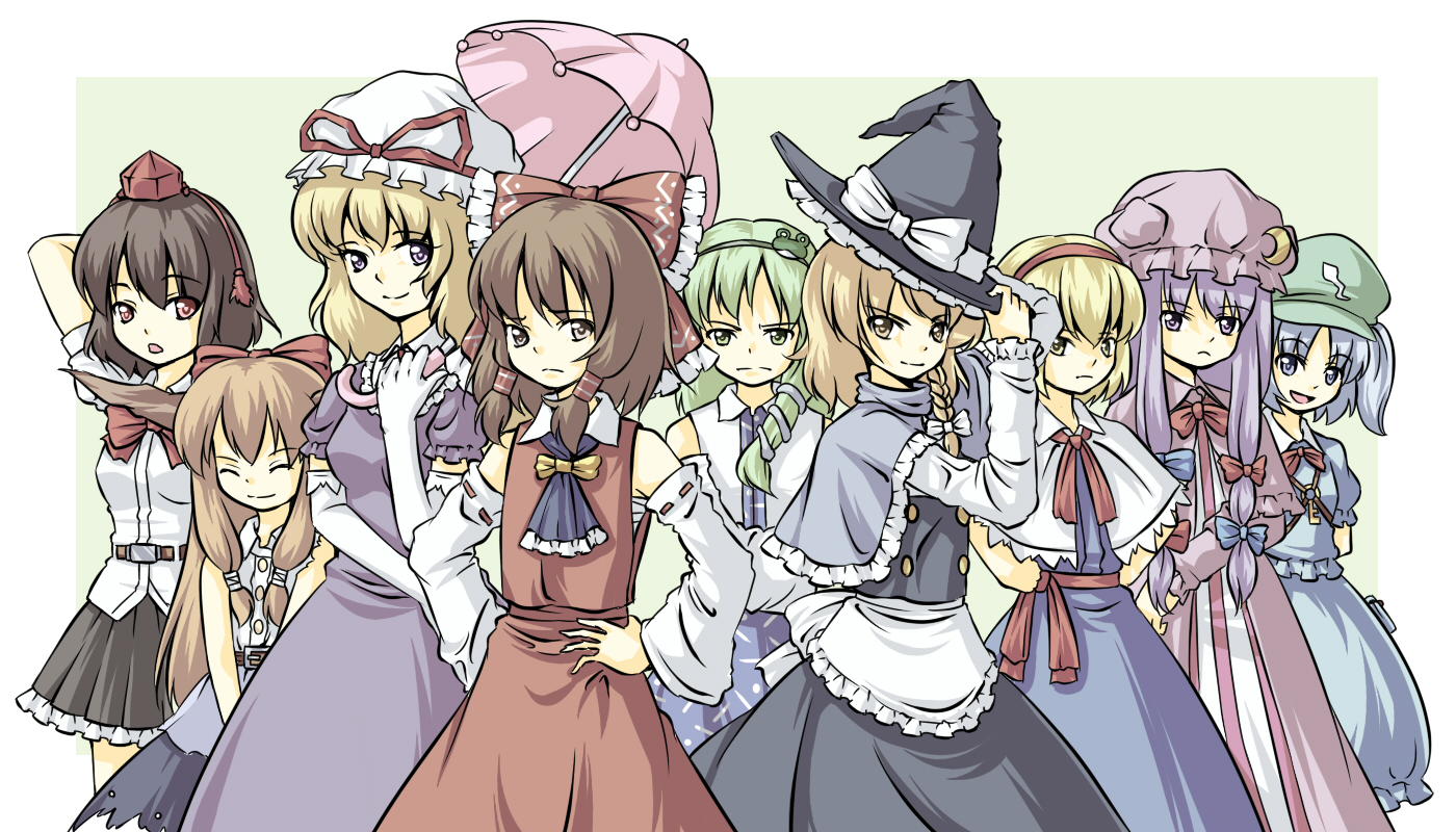 urin, alice margatroid, ibuki suika, kawashiro nitori, kirisame marisa, kochiya sanae, patchouli knowledge, shameimaru aya, yakumo yukari, subterranean animism, touhou, bad id, bad pixiv id, 6+girls, everyone, female focus, hat, multiple girls, two side up