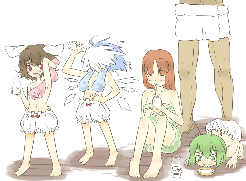urin, cirno, hong meiling, inaba tewi, wriggle nightbug, touhou, bad id, bad pixiv id, translated, 4girls, all fours, antennae, barefoot, bloomers, blue hair, bottomless, bowl, brown hair, drinking, drinking straw, feet, female focus, green eyes, green hair, hand on own hip, hip focus, ice, manly, milk, multiple girls, pet bowl, red eyes, red hair, saucer, tongue, topless female, towel, underwear, wings