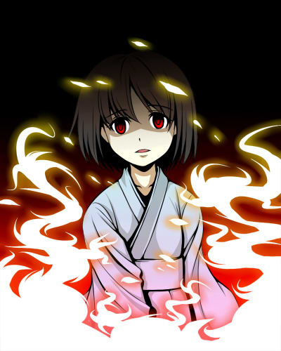urin, fujiwara no mokou, fujiwara no mokou (young), touhou, bad id, bad pixiv id, lowres, 1girl, aged down, brown hair, child, female focus, fire, gradient background, japanese clothes, red eyes, solo