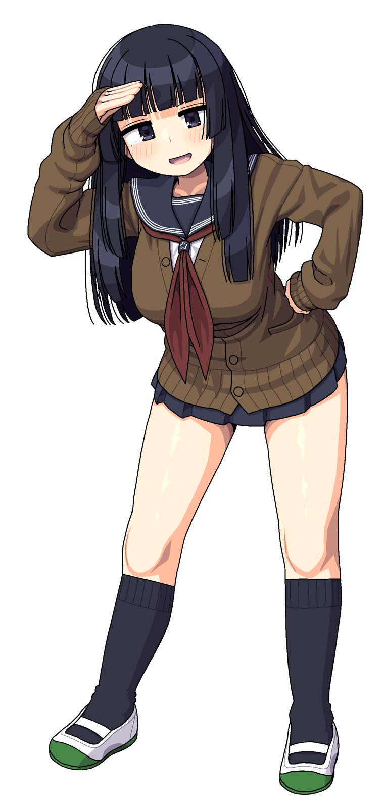 maruput, original, highres, black eyes, black hair, black skirt, black socks, blue sailor collar, breasts, brown cardigan, cardigan, full body, long hair, long sleeves, looking at viewer, medium breasts, neckerchief, open mouth, red neckerchief, sailor collar, salute, school uniform, shirt, shoes, skirt, socks, white background, white shirt, white shoes