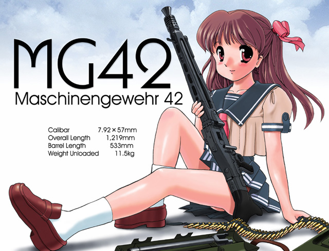 artist request, source request, 7.92x57mm mauser, ammunition, ammunition belt, bullet, english text, engrish text, fully powered cartridge, general purpose machine gun, gun, hair ribbon, machine gun, mg42, ranguage, ribbon, rifle cartridge, school uniform, serafuku, skirt, socks, solo, weapon