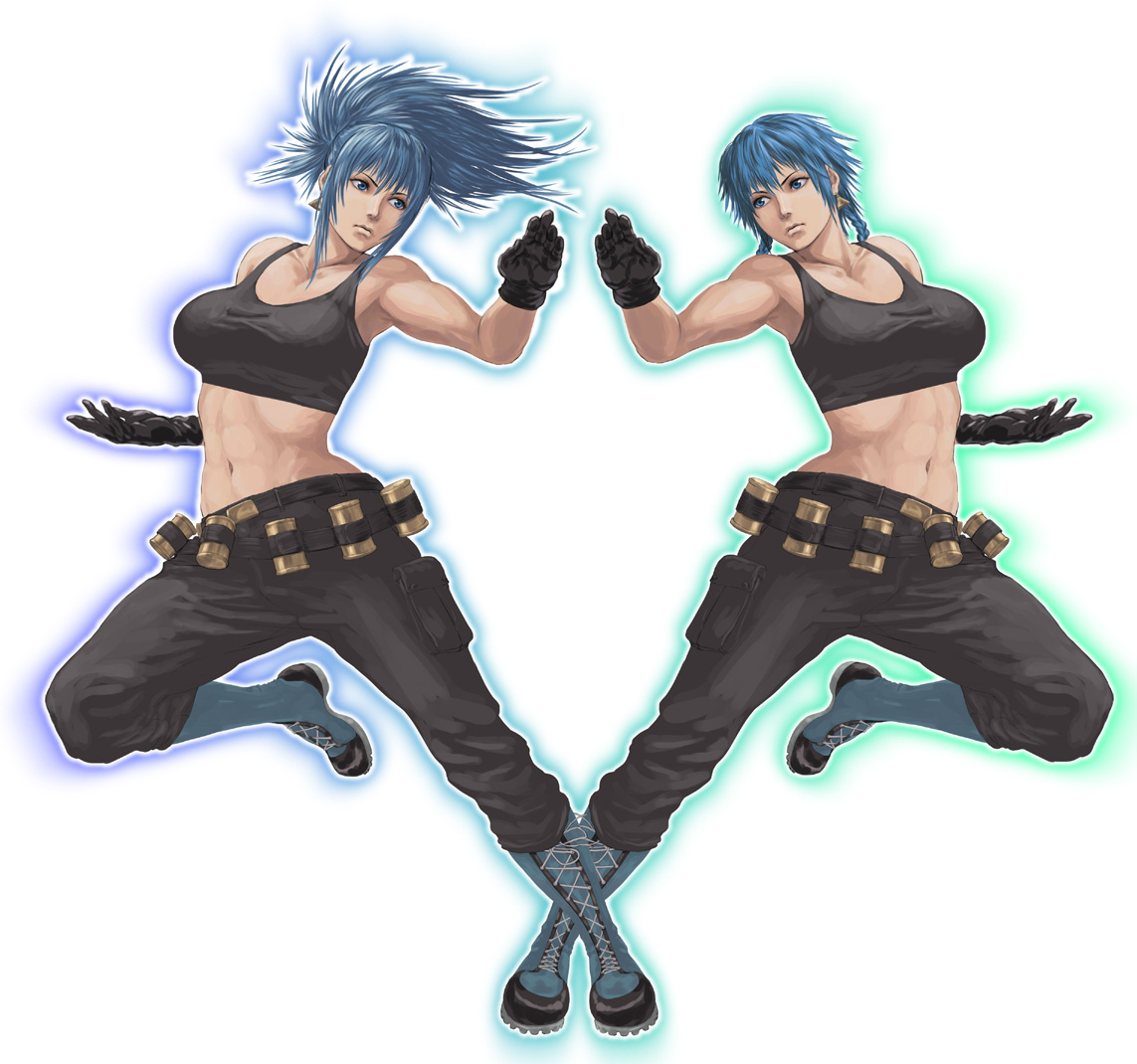 ryu (gaquarium), leona heidern, snk, the king of fighters, 1girl, abs, alternate hair length, alternate hairstyle, belt, blue eyes, blue hair, boots, braid, breasts, cargo pants, combat boots, earrings, explosive, grenade, jewelry, lace-up boots, large breasts, long hair, midriff, muscular, muscular female, pants, ponytail, short hair, symmetry, tank top, taut clothes, toned, toned female, twin braids, utility belt