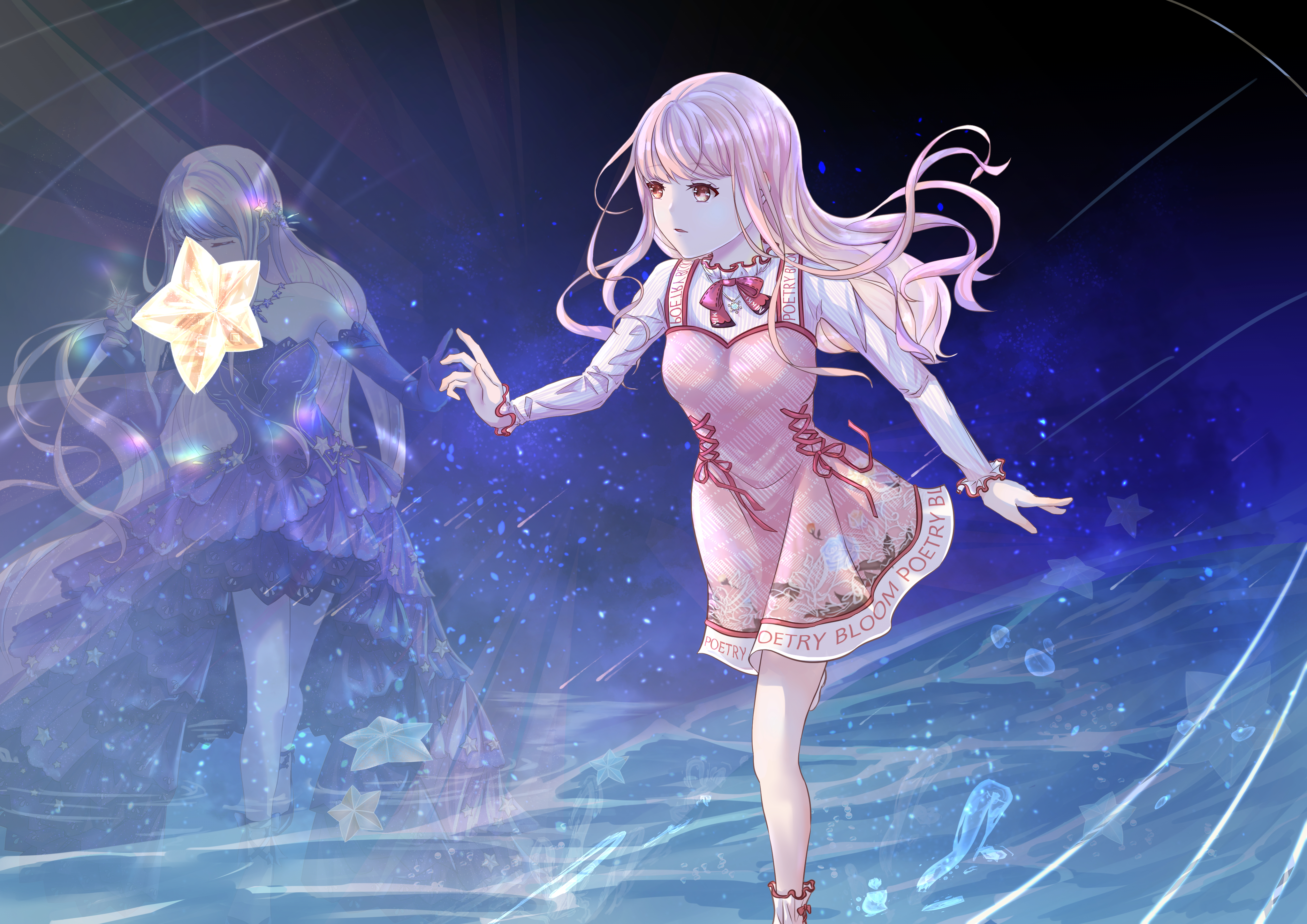 bloom poetry (shining nikki), nikki (nikki), star sea (nikki), nikki (series), shining nikki, absurdres, highres, 2girls, ankle bow, ankle ribbon, bare shoulders, bow, bow legwear, brown eyes, closed eyes, clothes writing, collared shirt, cross-laced clothes, cross-laced dress, cross-laced legwear, dot nose, dress, dress ribbon, dual persona, elbow gloves, expressionless, eyelashes, floating hair, floral print, frilled shirt collar, frilled sleeves, frills, ghost, gloves, gown, hair ornament, jewelry, lace, lace-trimmed dress, lace-trimmed gloves, lace trim, leg up, light frown, long dress, long hair, long sleeves, meteor shower, multiple girls, necklace, nicholepaint, night, night sky, ocean, outstretched hand, parted lips, pinafore dress, pink dress, pink hair, plaid clothes, plaid dress, print dress, purple bow, purple dress, purple gloves, purple shoes, reaching, red bow, red ribbon, ribbon, running, shirt, shoes, sidelocks, sky, sleeveless, sleeveless dress, sleeves past wrists, snowflake necklace, socks, star (sky), star (symbol), star hair ornament, star necklace, starry sky, starry sky print, strapless, strapless dress, wavy hair, white shirt, white socks