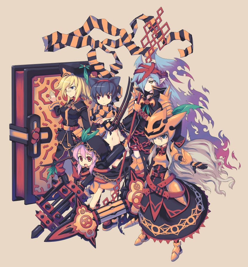 pera, orange footwear, sepia background, 5girls, animal ears, armor, armored dress, belt, black hair, blonde hair, blue hair, book, brown eyes, brown hair, cat ears, chain, claws, dress, flaming hair, giant book, glasses, hair over one eye, hairband, headband, helmet, hood, long hair, midriff, multiple girls, open mouth, orange dress, pink hair, pointy ears, scarf, striped clothes, striped scarf, sword, weapon