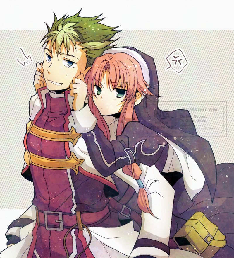 satsuki (chaosmode), kevin graham, ries argent, eiyuu densetsu, sora no kiseki, 1boy, 1girl, blue eyes, closed eyes, curtained hair, diagonal-striped background, green hair, hair slicked back, jacket, long hair, long sleeves, looking at viewer, multicolored hair, nun, pink hair, pouch, puffy long sleeves, puffy sleeves, short hair, simple background, smile, spiked hair, striped background, traditional nun, two-tone hair, two side up, upper body, watermark