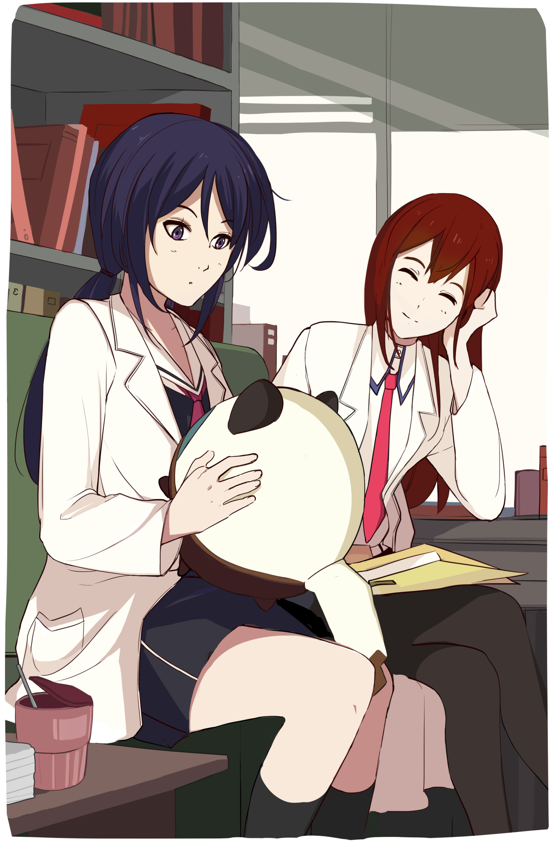 arcsinus, kunosato mio, makise kurisu, upa (steins;gate), chaos;child, science adventure, steins;gate, absurdres, commentary request, highres, 2girls, :o, blush, breasts, chair, closed eyes, closed mouth, collared shirt, dress shirt, hair between eyes, hekiho academy school uniform, holding, indoors, lab coat, long hair, long sleeves, looking at viewer, multiple girls, necktie, purple eyes, purple hair, school uniform, shirt, short necktie, sitting, skirt, smile, white shirt