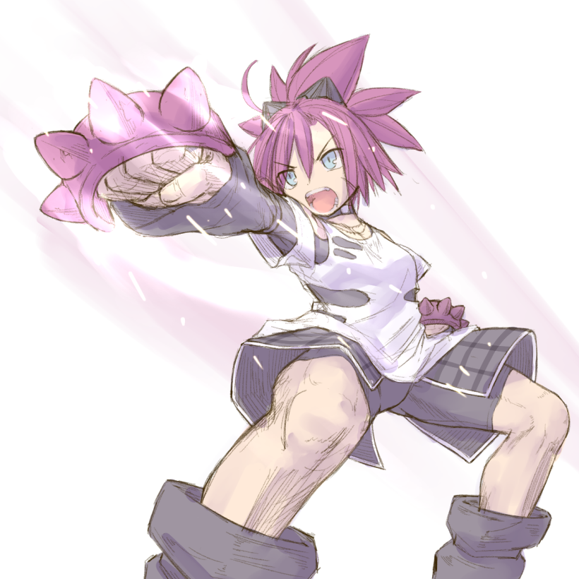 kasuga yukihito, urchin alma, emil chronicle online, 1girl, bike shorts, black boots, black bow, black collar, black shirt, black skirt, blue eyes, boots, bow, brass knuckles, collar, hair bow, open mouth, ponytail, punching, purple hair, shirt, skirt, solo, spiked hair, torn clothes, torn shirt, v-shaped eyebrows, weapon, white background, white shirt