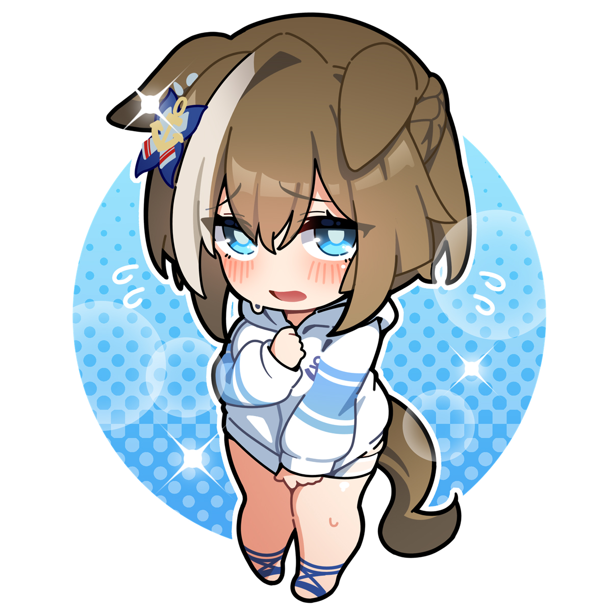 warashi, cheval grand (umamusume), umamusume, commentary request, highres, 1girl, animal ears, blue eyes, blush, chibi, full body, horse ears, horse girl, horse tail, jacket, looking at viewer, open mouth, short hair, solo, tail, white jacket
