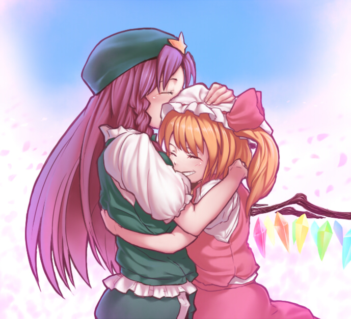 lain, flandre scarlet, hong meiling, embodiment of scarlet devil, touhou, hand on head, 2girls, blonde hair, closed eyes, female focus, grin, happy, hat, hug, long hair, multiple girls, red hair, short hair, side ponytail, smile, wings