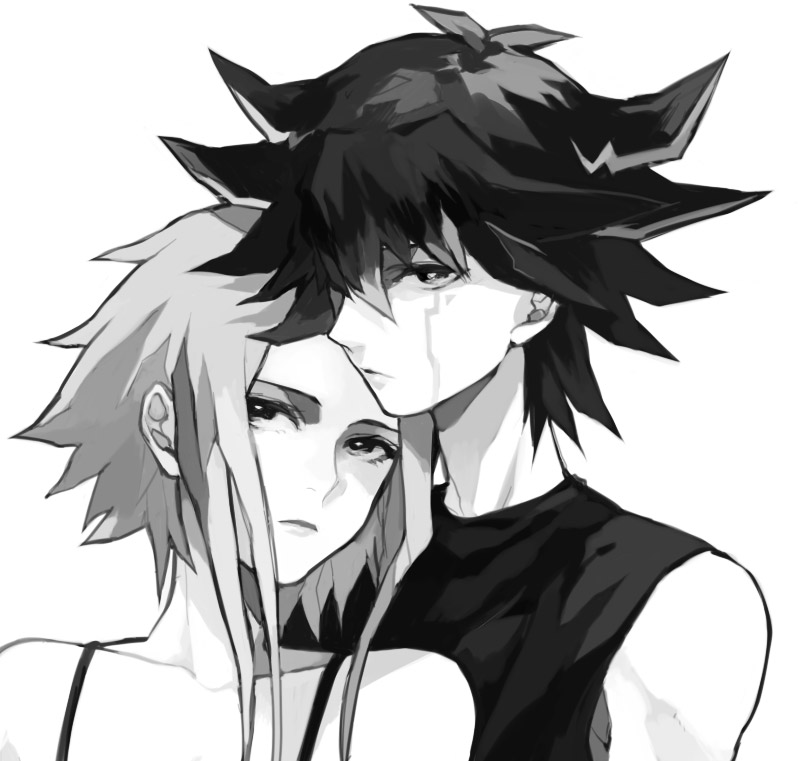 watacco, fudo yusei, izayoi aki, yu-gi-oh!, yu-gi-oh! 5d's, bad id, bad pixiv id, 00s, 1boy, 1girl, couple, greyscale, hetero, monochrome, multicolored hair, portrait, short hair, streaked hair