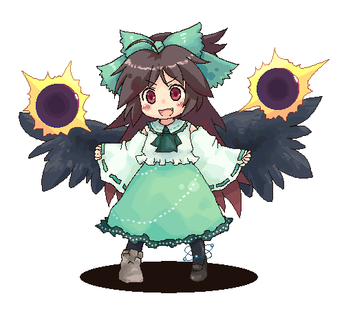 pote (ptkan), reiuji utsuho, touhou, lowres, 1girl, bow, brown hair, chibi, detached sleeves, fang, female focus, hair bow, hair ribbon, japanese clothes, long hair, miko, pixel art, red eyes, ribbon, solo, wings