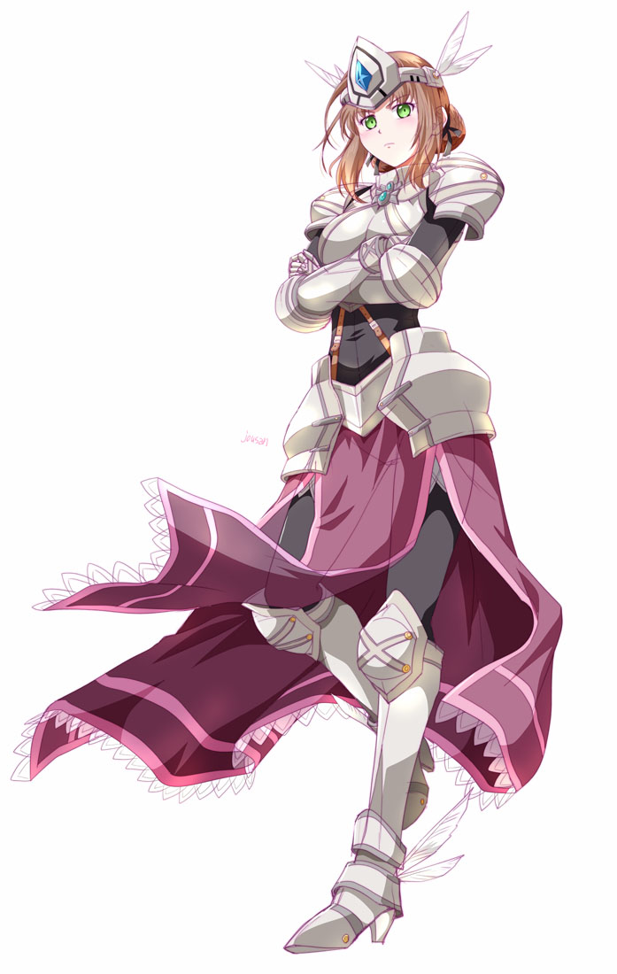 xiacheng tatsuya, duvalie, eiyuu densetsu, hajimari no kiseki, 1girl, armor, artist name, bob cut, breastplate, brown hair, crossed arms, cuisses, feather hair ornament, feathers, full body, greaves, green eyes, hair bun, hair ornament, looking at viewer, pauldrons, purple tabard, sabaton, short hair, shoulder armor, simple background, solo, tabard, tachi-e, white background