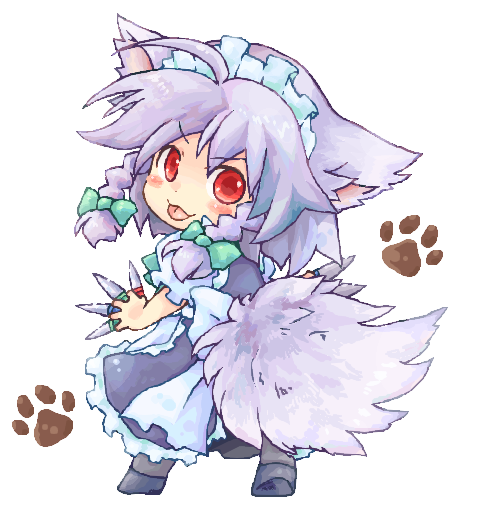 pote (ptkan), inu sakuya (nejikirio), izayoi sakuya, embodiment of scarlet devil, touhou, 1girl, ahoge, animal ears, between fingers, braid, dog ears, dog tail, female focus, grey hair, holding, kemonomimi mode, knife, maid headdress, pixel art, red eyes, short hair, solo, tail, throwing knife, twin braids, weapon