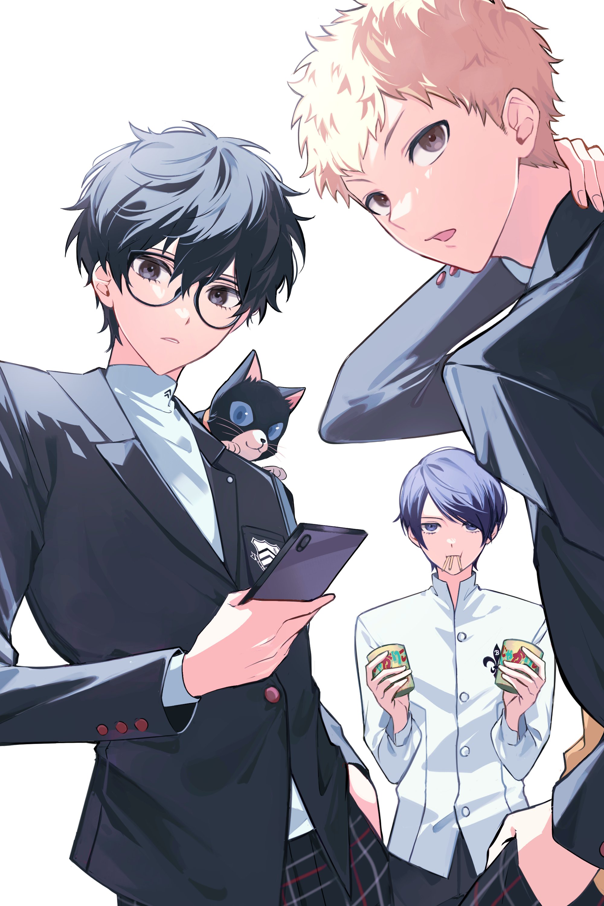 mnce o, tuxedo cat, amamiya ren, kitagawa yuusuke, morgana (cat) (persona 5), morgana (persona 5), sakamoto ryuuji, persona, persona 5, absurdres, highres, 3boys, animal, animal on shoulder, black-framed eyewear, black eyes, black hair, black jacket, black pants, blazer, blonde hair, blue eyes, blue hair, brown eyes, cowboy shot, dress shirt, food, food in mouth, french fries, glasses, hair between eyes, hand in pocket, hand on own neck, holding, holding food, holding phone, jacket, kosei high school uniform, looking at viewer, male focus, messy hair, multiple boys, open mouth, pants, parted bangs, parted lips, phone, plaid clothes, plaid pants, school uniform, shirt, short hair, shuujin academy school uniform, simple background, turtleneck, turtleneck shirt, white background, white shirt