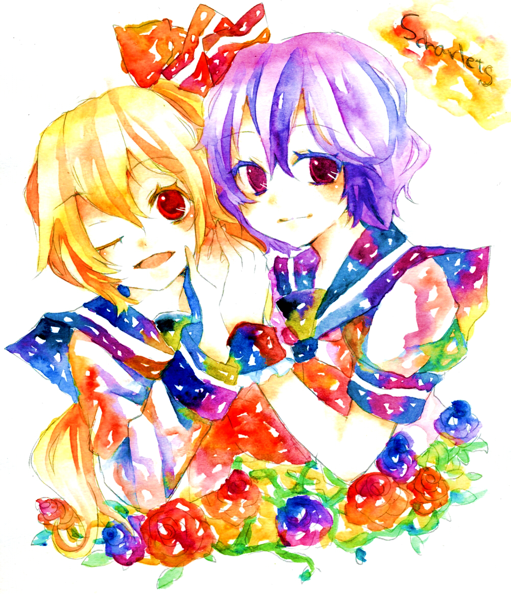 lego (artist), legomaru, flandre scarlet, remilia scarlet, touhou, bad id, bad pixiv id, painting (medium), traditional media, watercolor (medium), 2girls, alternate costume, colorful, female focus, flower, multiple girls, plant, school uniform, serafuku, siblings, sisters, upper body, white background