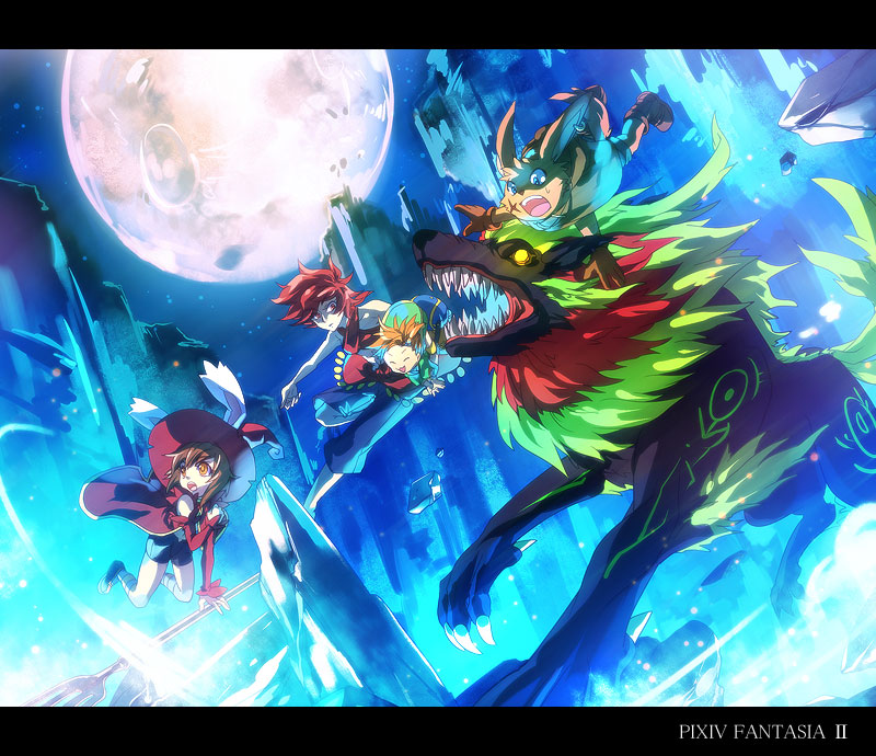 noki (affabile), noki (pixiv), original, pixiv fantasia, pixiv fantasia 2, bad id, bad pixiv id, 3girls, :o, animal ears, blue eyes, broom, broom riding, brown hair, earrings, elbow gloves, gloves, hat, jewelry, letterboxed, monster, moon, multiple girls, rabbit ears, red eyes, red hair, riding, scar, witch, witch hat, yellow eyes