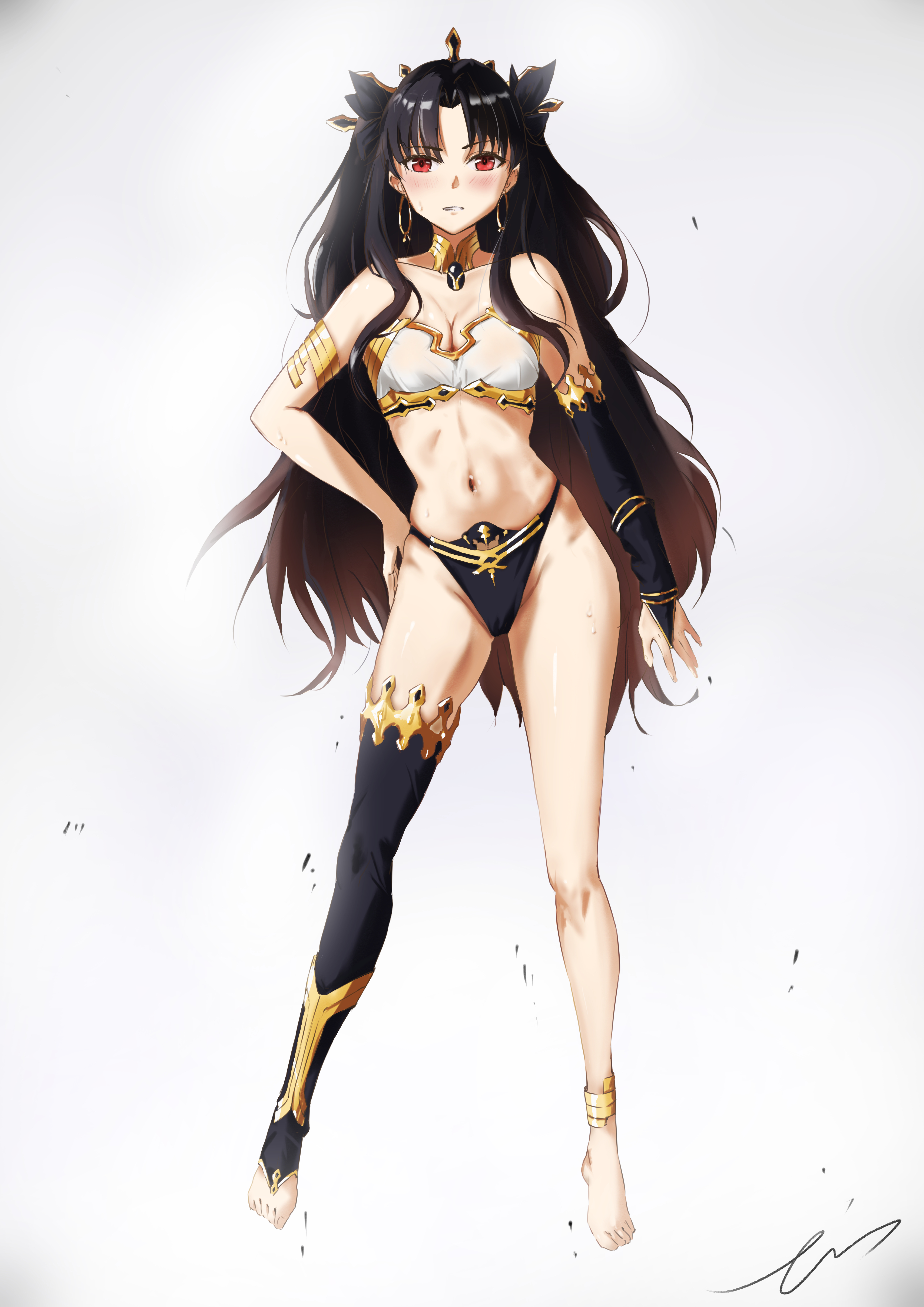 error1945, ishtar (fate), fate/grand order, fate (series), absurdres, clip studio paint (medium), highres, 1girl, anklet, armlet, barefoot, bikini, black bridal gauntlets, black hair, breasts, bridal gauntlets, cleavage, collarbone, earrings, full body, groin, hair ribbon, hand on own hip, hoop earrings, jewelry, long hair, looking at viewer, medium breasts, mismatched bikini, navel, neck ring, parted bangs, parted lips, red eyes, ribbon, simple background, single thighhigh, solo, standing, stomach, swimsuit, thighhighs, thighs, tiara, toeless legwear, two side up, very long hair