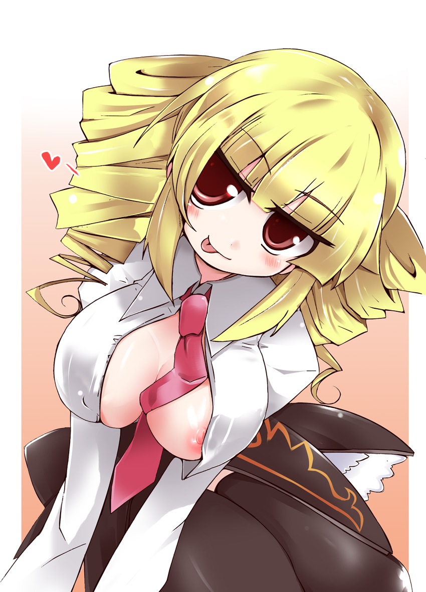 shirogane (platinum), beelzebub (umineko), umineko no naku koro ni, 00s, 1girl, blonde hair, breasts, drill hair, female focus, necktie, nipple slip, nipples, open clothes, open shirt, shirt, solo, twin drills, twintails
