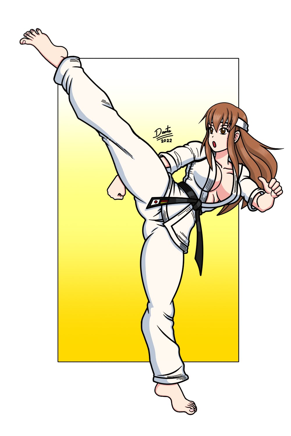 hitomi (doa), dead or alive, highres, barefoot, belt, black belt, breasts, brown eyes, brown hair, cleavage, dougi, german flag, headband, high kick, japanese flag, karate gi, kicking, large breasts, long hair, open mouth, sidelocks, white headband, wolfdog19862010