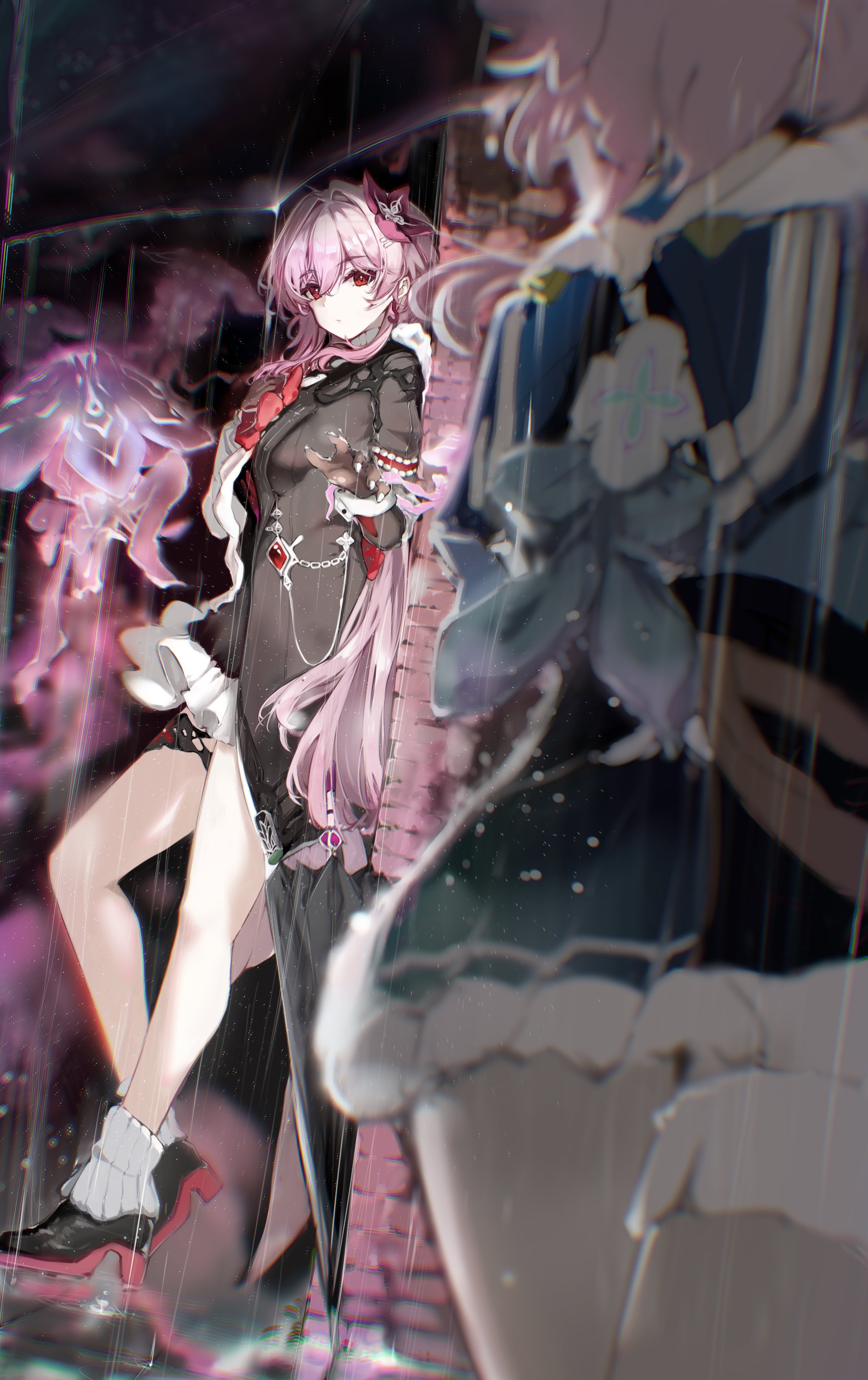 scup, evernight (honkai: star rail), march 7th (honkai: star rail), march 7th (preservation) (honkai: star rail), honkai: star rail, honkai (series), absurdres, highres, 2girls, against wall, black dress, black gloves, black shoes, black umbrella, blue skirt, breasts, dress, flower, gloves, hair flower, hair ornament, high heels, light particles, long hair, looking at another, medium breasts, multiple girls, pink hair, rain, red eyes, shoes, skirt, socks, umbrella, white socks