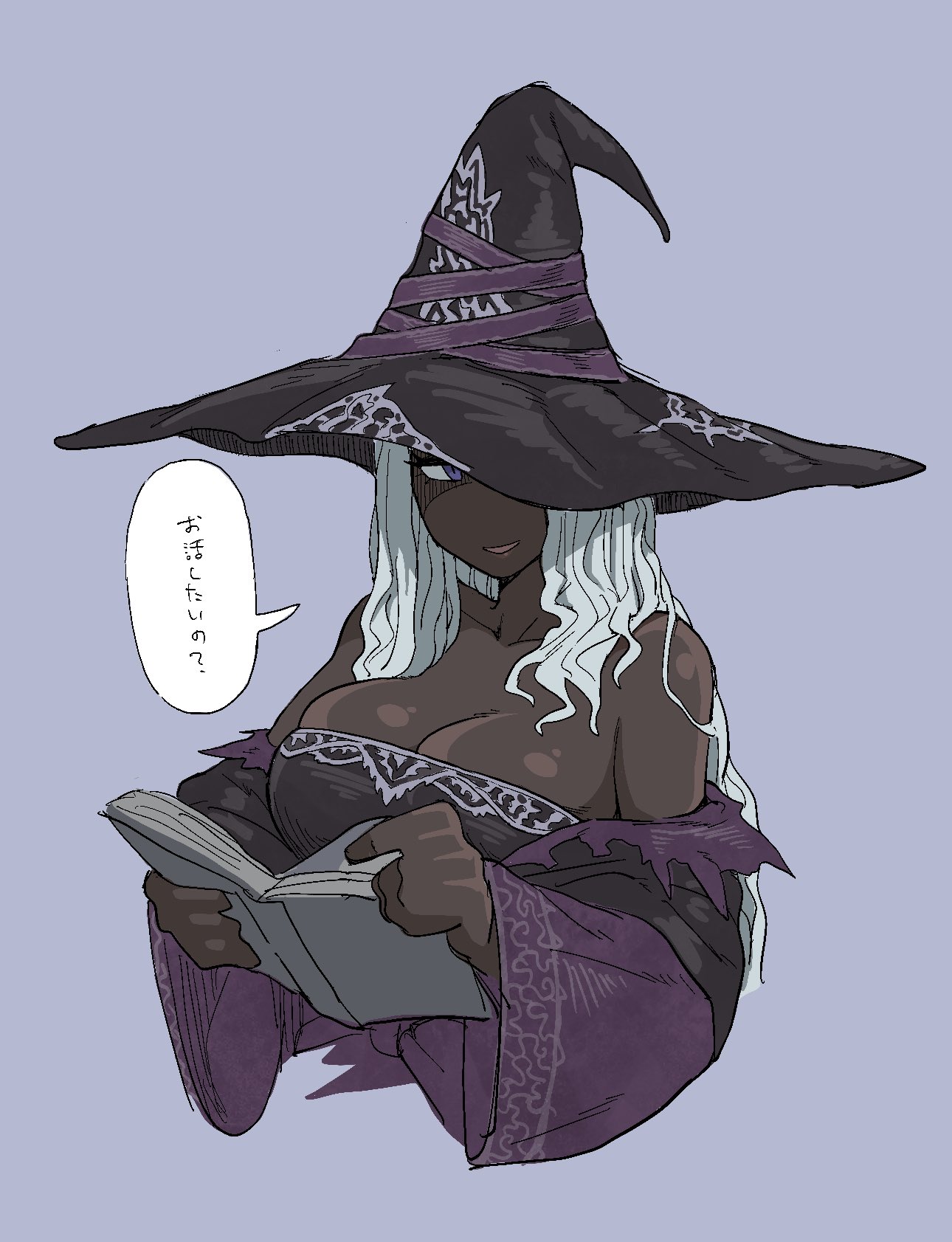 hachinos ssb, recluse (elden ring), elden ring, elden ring nightreign, highres, translation request, 1girl, bare shoulders, black hat, black skin, blue eyes, book, breasts, cleavage, colored eyelashes, colored skin, dark-skinned female, dark skin, hat, hat over one eye, large hat, long hair, looking to the side, open book, purple sleeves, simple background, solo, speech bubble, very dark skin, white eyelashes, white hair, witch, witch hat