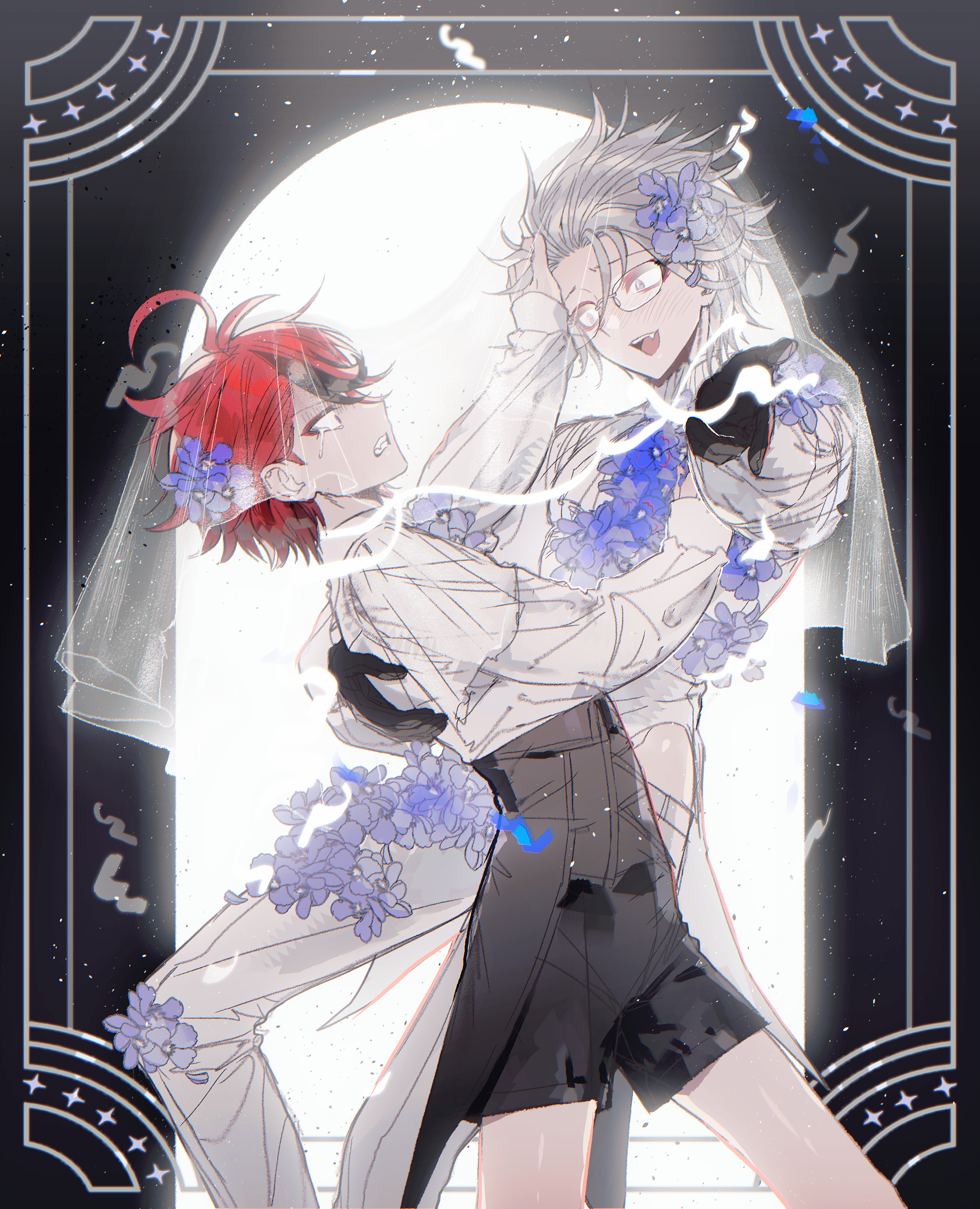 aotsuki eito, sumino takumi, the hundred line -last defense academy-, absurdres, highres, 2boys, :d, ahoge, arched back, black gloves, black shorts, blush, bridal veil, clenched teeth, crying, eyeshadow, fang, flower, glasses, gloves, grabbing another's hair, grey hair, hand on another's back, holding another's hair, looking at another, makeup, multiple boys, open mouth, pants, puffy sleeves, purple flower, red eyeshadow, red hair, shirt, shorts, smile, syuu 1125, teeth, veil, white pants, white shirt, yaoi