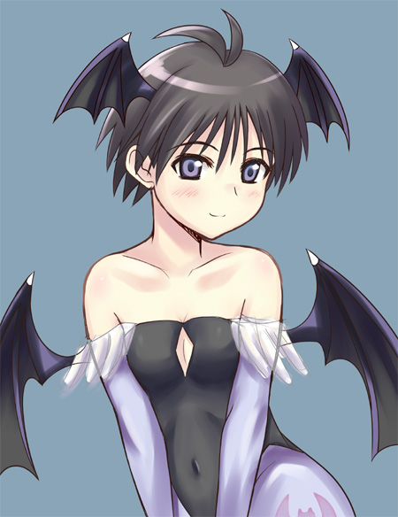 kikuchi makoto, lilith (darkstalkers), capcom, darkstalkers, idolmaster, idolmaster (classic), idolmaster 1, artist request, non-web source, 1girl, animal print, antenna hair, bare shoulders, bat print, black hair, blue eyes, breasts, cleavage, cosplay, demon girl, demon wings, detached sleeves, female focus, flat chest, head wings, lilith (darkstalkers) (cosplay), pantyhose, parody, print pantyhose, short hair, small breasts, smile, solo, wings