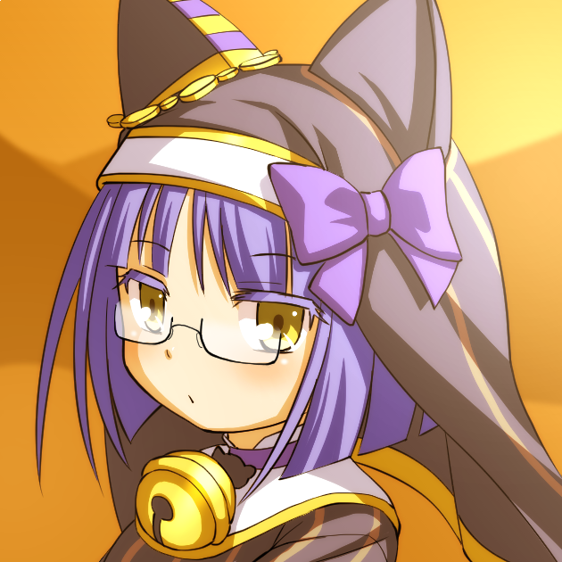 kasuga yukihito, bastet lore, emil chronicle online, 1girl, animal ear headwear, bell, black dress, black hat, blue choker, blue hair, blue ribbon, choker, dress, fake animal ears, glasses, hat, hat ribbon, neck bell, nun, portrait, ribbon, solo, striped clothes, striped dress, yellow background, yellow eyes