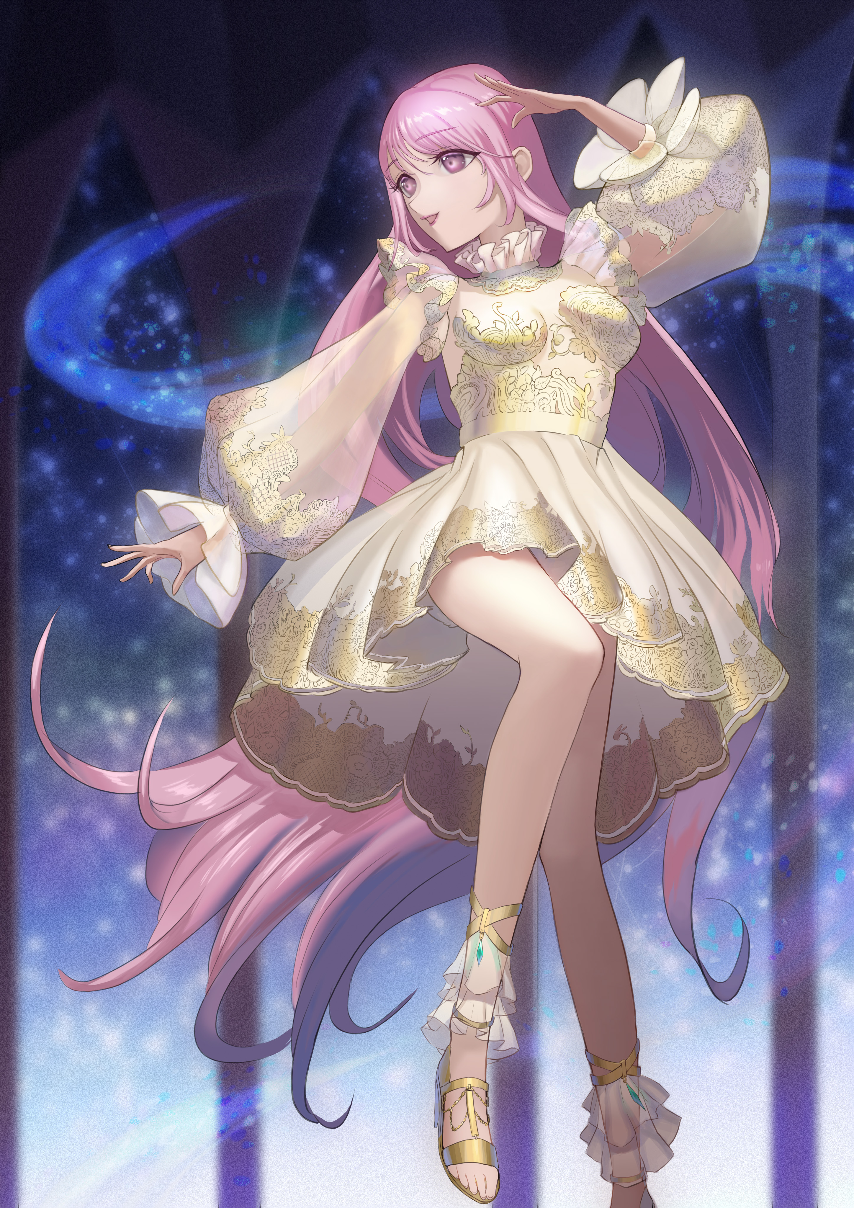 nikki (nikki), nikki (series), original, shining nikki, absurdres, commentary request, highres, 1girl, absurdly long hair, breasts, dress, floating, foot out of frame, frilled anklet, frilled sleeves, frills, hair between eyes, hand on own head, happy, high heel sandals, high heels, islaytwiillust, knees, light particles, long hair, long sleeves, looking to the side, open mouth, pink eyes, pink hair, pleated dress, puffy long sleeves, puffy sleeves, sandals, see-through clothes, see-through sleeves, short dress, sidelocks, sky, sleeves past wrists, small breasts, smile, solo, star (sky), starry sky, stiletto heels, tight clothes, toes, very long hair, wavy hair, window, yellow dress, yellow sandals