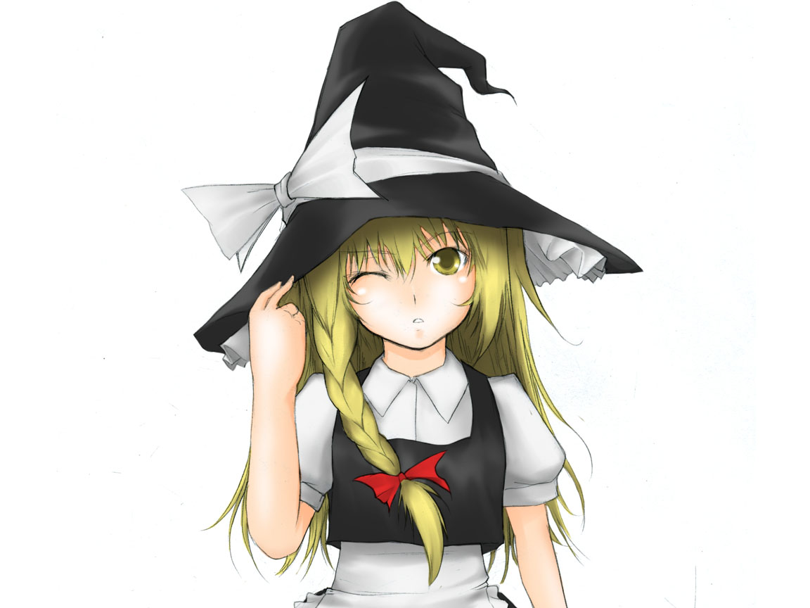 sutagu, kirisame marisa, touhou, 1girl, ;o, apron, blonde hair, blush, braid, female focus, hat, hat tug, looking at viewer, one eye closed, parted lips, puffy short sleeves, puffy sleeves, short sleeves, simple background, single braid, solo, waist apron, white background, witch hat