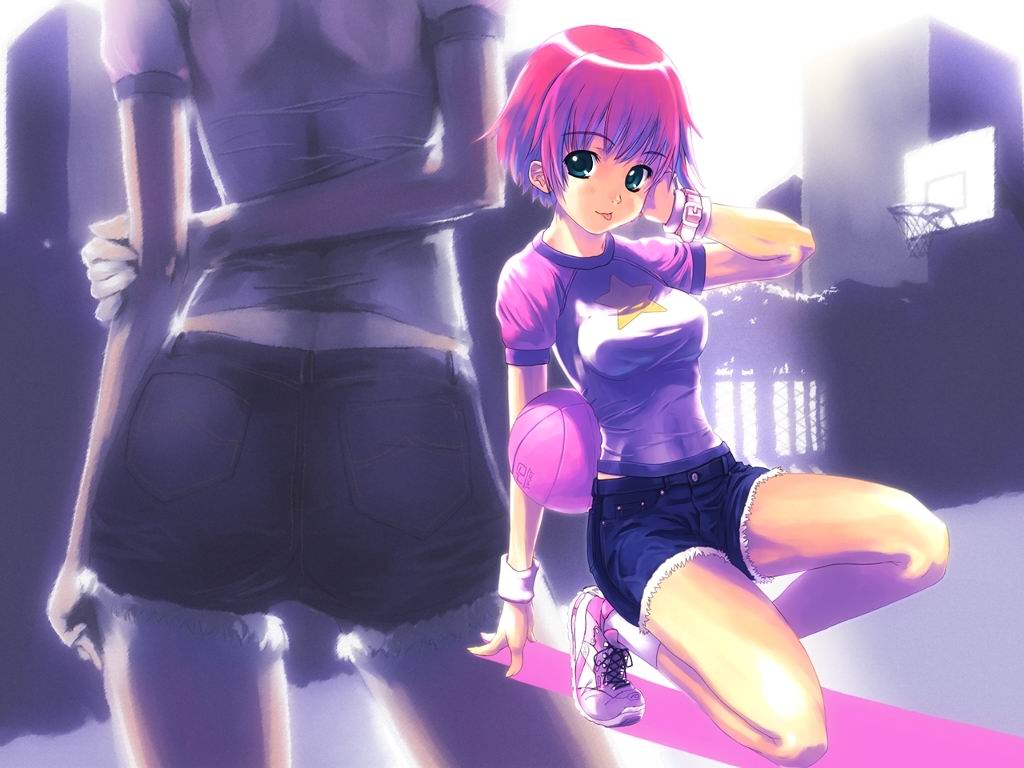 yuuki mitsuru, yukizakura momiji, komorebi no namikimichi, 1girl, :p, arms behind back, ball, basketball, basketball (object), shoes, short hair, shorts, sneakers, squatting, tight clothes, tongue, tongue out, wristband