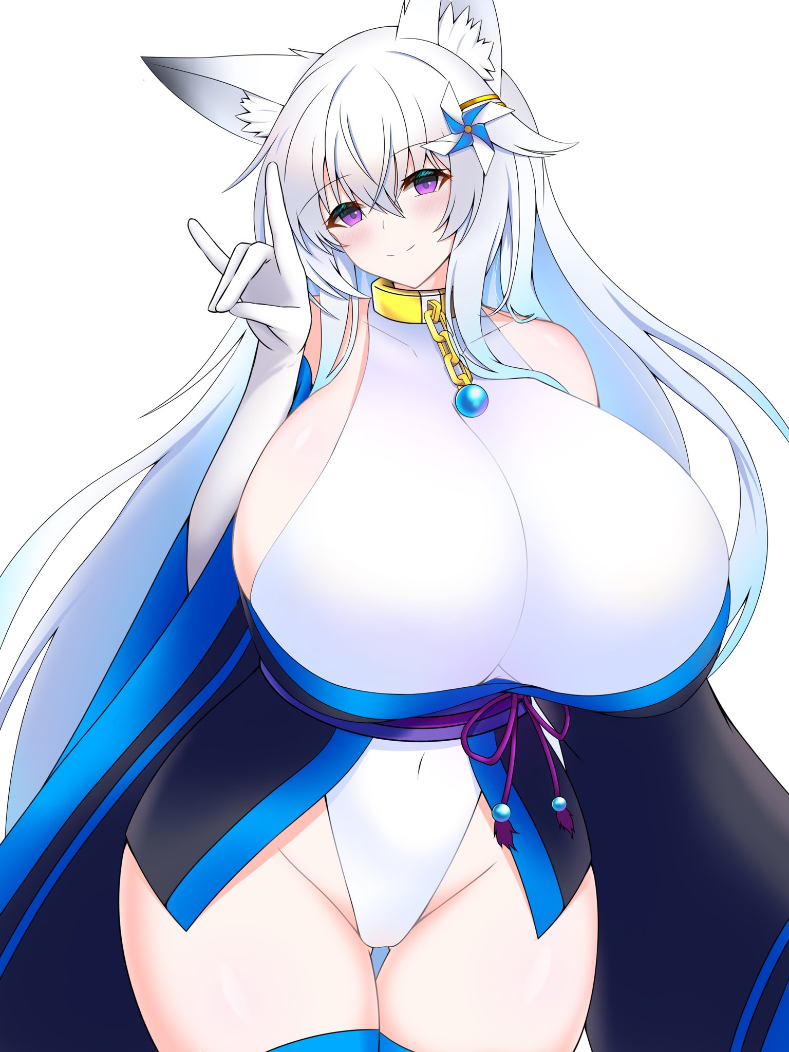 mizuki (kutan), original, highres, 1girl, animal ears, bare shoulders, blush, borrowed character, breasts, collar, covered navel, fox ears, fox shadow puppet, fox tail, gluteal fold, hair ornament, highleg, highleg leotard, huge breasts, leotard, long hair, looking at viewer, pinwheel, pinwheel hair ornament, purple eyes, sideboob, siromiminoe, smile, solo, tail, thick thighs, thigh gap, thighhighs, thighs, white hair, white leotard, white thighhighs