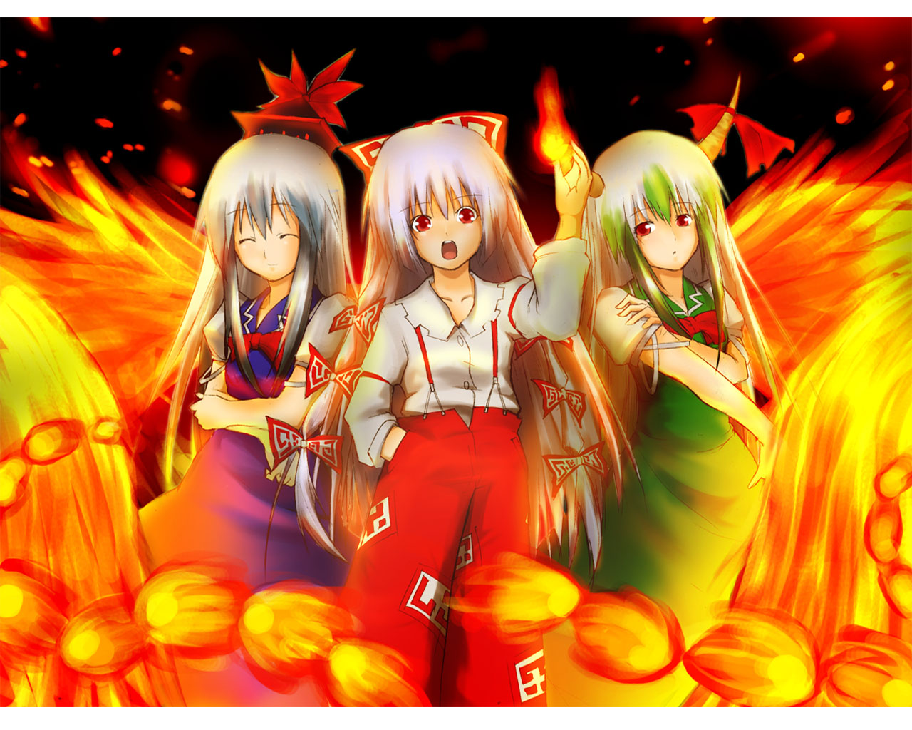 sutagu, ex-keine, fujiwara no mokou, kamishirasawa keine, touhou, 3girls, ^ ^, blue hair, bow, closed eyes, crossed arms, dual persona, female focus, fiery wings, fire, green hair, hair bow, hand in pocket, horns, long hair, long sleeves, looking at viewer, multicolored hair, multiple girls, ofuda, pants, red eyes, shirt, short sleeves, smile, standing, suspenders, very long hair, white hair