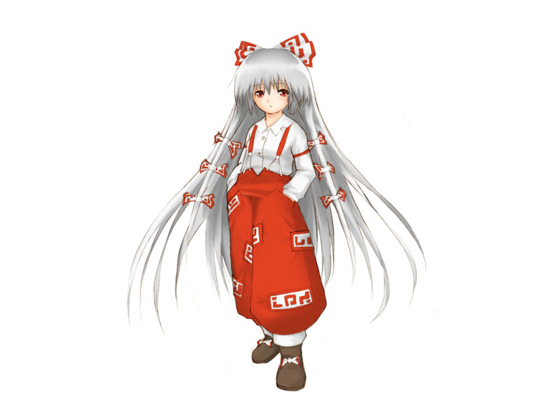 sutagu, fujiwara no mokou, touhou, silver hair, 1girl, bow, female focus, full body, hair bow, long hair, long sleeves, looking at viewer, mary janes, ofuda, pants, red eyes, shoes, simple background, solo, standing, suspenders, very long hair, white background