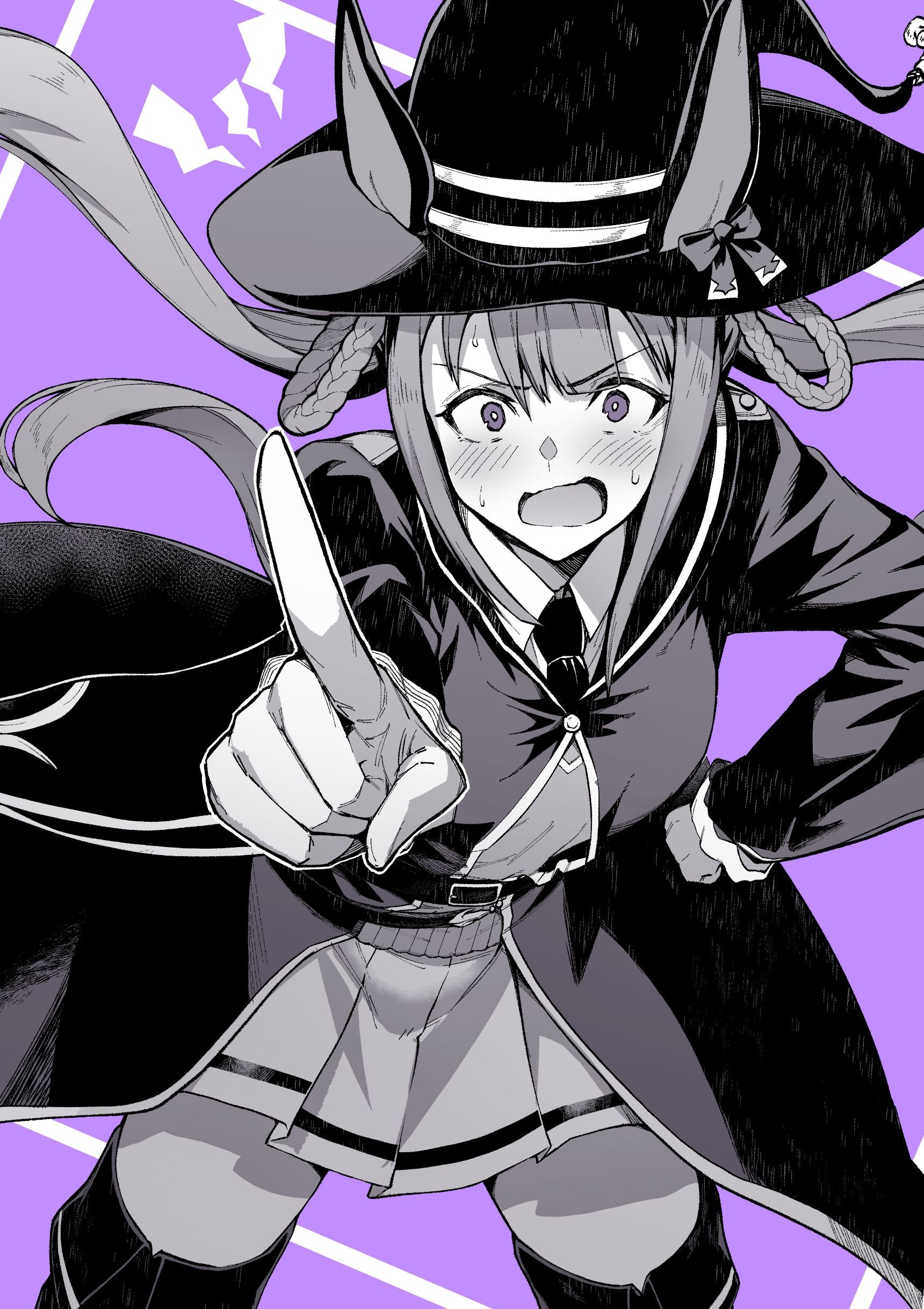 reon (dainagon azuki), sweep tosho (platanus witch) (umamusume), sweep tosho (umamusume), umamusume, absurdres, commentary request, highres, 1girl, aged up, animal ears, blush, boots, collared shirt, cowboy shot, dress shirt, ears through headwear, fold-over boots, greyscale with colored background, hat, horse ears, horse girl, indoors, long hair, looking at viewer, miniskirt, necktie, open mouth, pleated skirt, purple background, shirt, skirt, solo, standing, sweat, thigh boots, witch hat