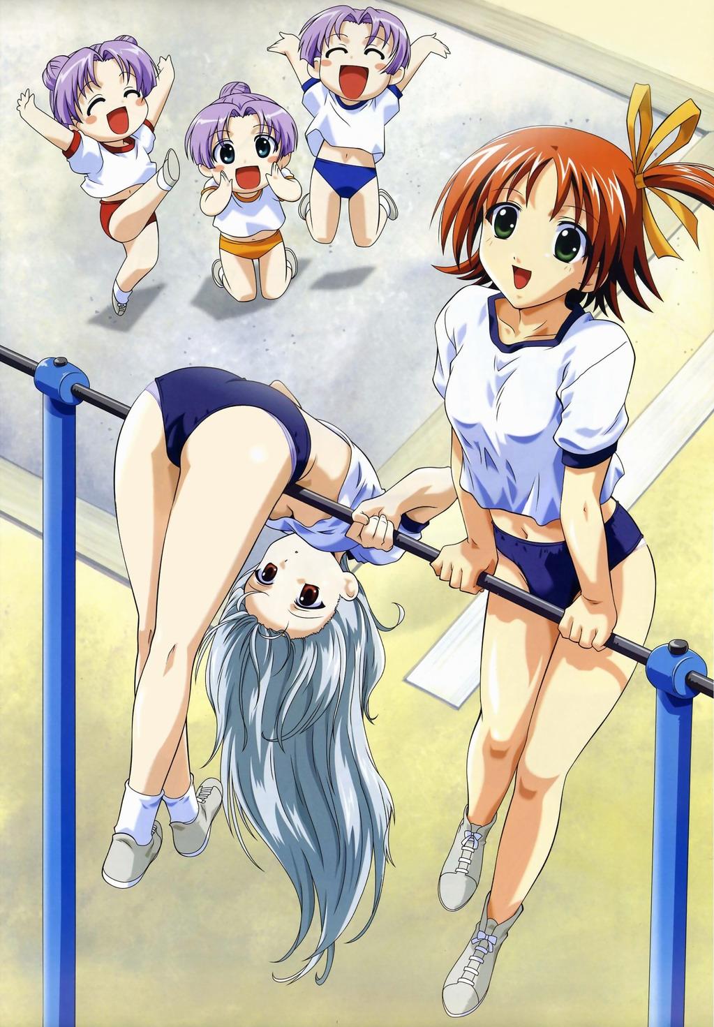 sugimoto isao, watanabe mayumi, koushi (lime-iro senkitan), kuki-sama, oushi (lime-iro senkitan), sanada momen, soushi, lime-iro senkitan, megami magazine, silver hair, white legwear, highres, official art, scan, 5girls, :d, ^ ^, arms up, ass, blue eyes, blue panties, blush stickers, breasts, buruma, closed eyes, crop top, double bun, green eyes, grey panties, gym uniform, hair bun, hair ribbon, hairline, happy, horizontal bar, jumping, kicking, kneepits, legs, long hair, medium breasts, midriff, multiple girls, navel, no bra, no socks, open mouth, orange hair, outdoors, panties, panties under buruma, ponytail, purple hair, red eyes, ribbon, shirt, shoes, short hair, siblings, side ponytail, single hair bun, sisters, small breasts, smile, sneakers, socks, triplets, underboob, underwear, upside-down, very long hair, white panties, white shirt, yellow buruma